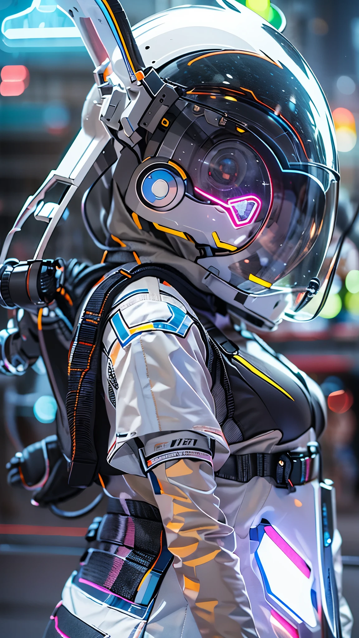 (Good structure),HDR,UHD,8K,1girl,Cyberpunk protective clothing,blurry background,Cyberpunk gas mask,Cyberpunk protective helmet,A glowing helmet,Neon lights,A helmet like an old-fashioned computer,White helmet,night,Neon color,side,Upper body,Cyberpunk,depth of field,lens flare,lights,neon lights,solo