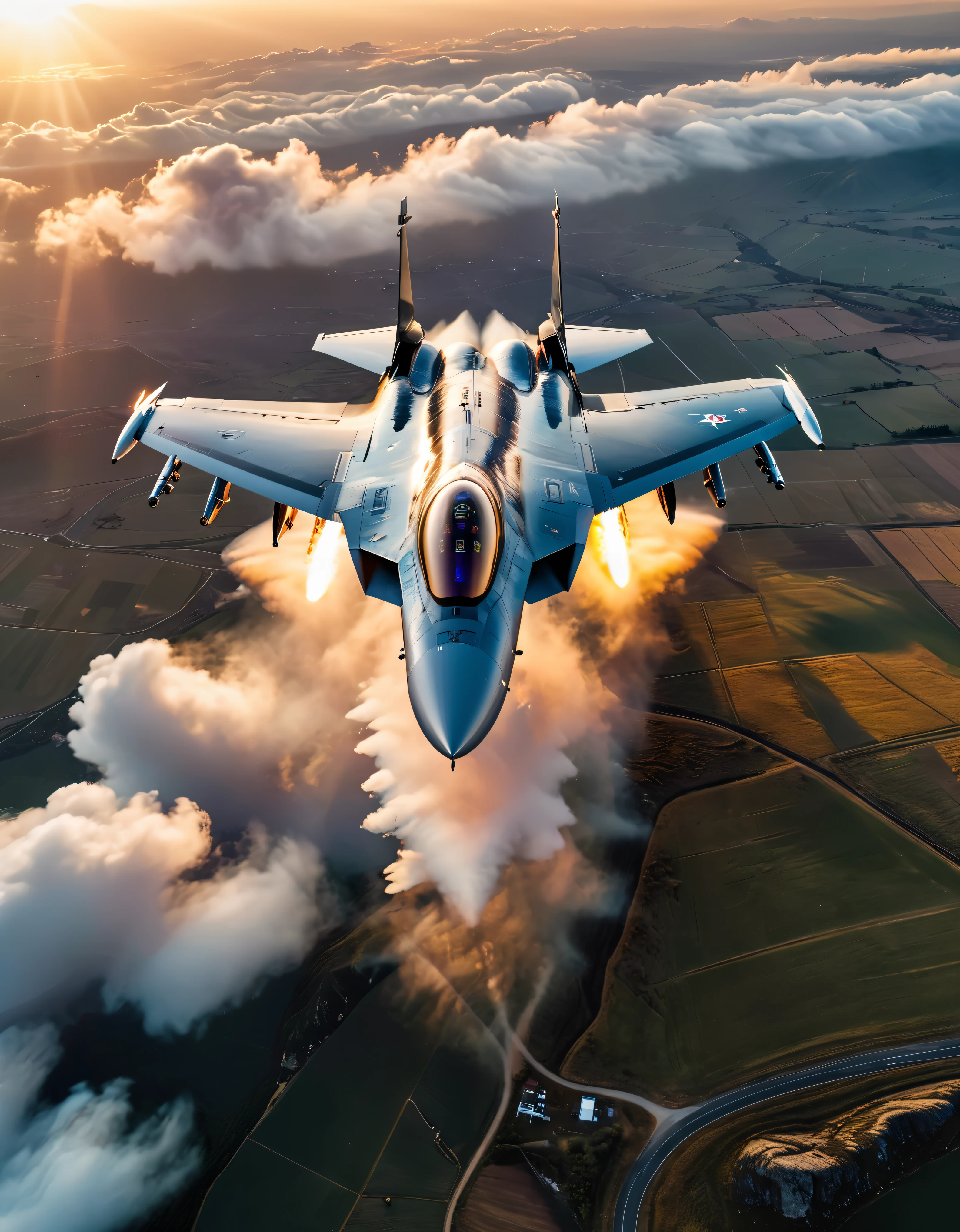 wide shot photo of Modern Fighter Jet, RAW, ((Fighter Jet):1.3), ((Majestic Decal):1.1), ((Tyndall Effect):1.2), ((Aerial view of the land beneath):1.5), ((Sunlight penetrating cloud)1.4), ((Golden Hour):1.2), (finely detailed airplane), (detailed airplane), (flying above landscape) (warm colors), breeze, breeze, reflection, (masterpiece), (perfect aspect ratio), (realistic photo), (best quality), (detailed) photographed on a Canon EOS R5, 50mm lens, F/2.8, HDR, (8k) (wallpaper) (cinematic lighting) (dramatic lighting) (sharp focus) (intricate).