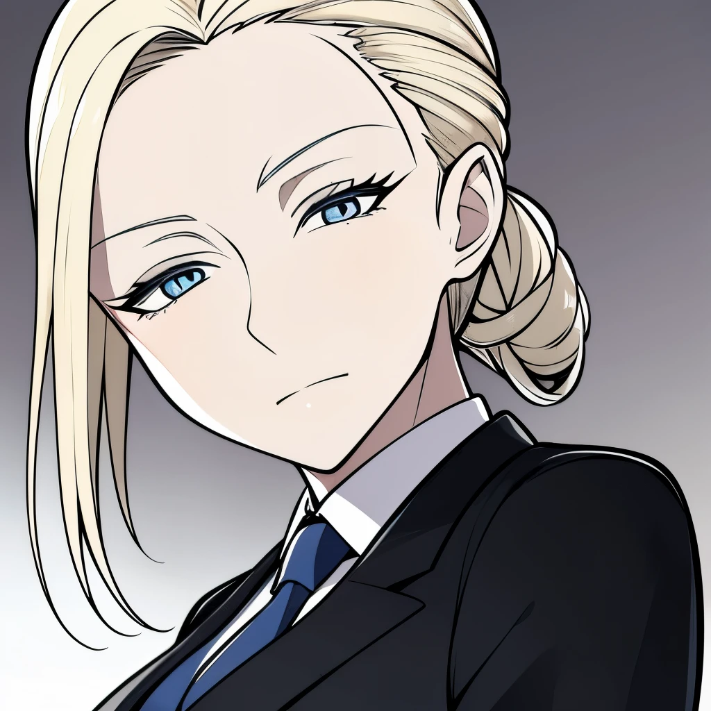 A 40 year old german woman with blue eyes, wrinkles on her face. She looks rather old. She has fair skin, somewhat tanned. She has blonde hair that is graying. Her hair is slicked back and tied into a ponytail. She is wearing a black suit and tie with a white shirt.