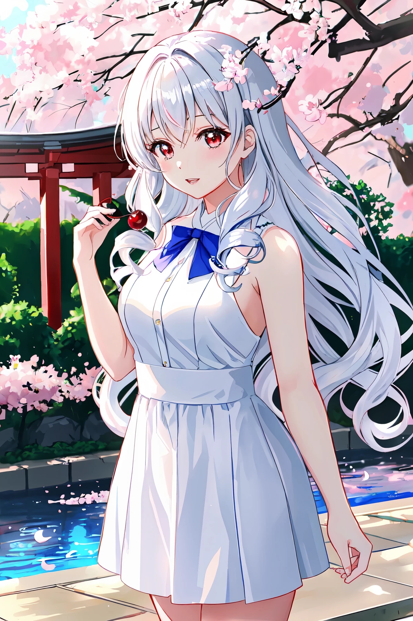 anime、1 female、whole body、semi-long、shiny silver hair、curly hair、red eyes、dense lips、well-groomed face、white dresini skirt、cherry blossoms、cherry blossoms吹雪、Kyoto cityscape、garden、pool、evening、sunset、light reflection、masterpiece、ultra high resolution、delicate、16k、perfect lighting