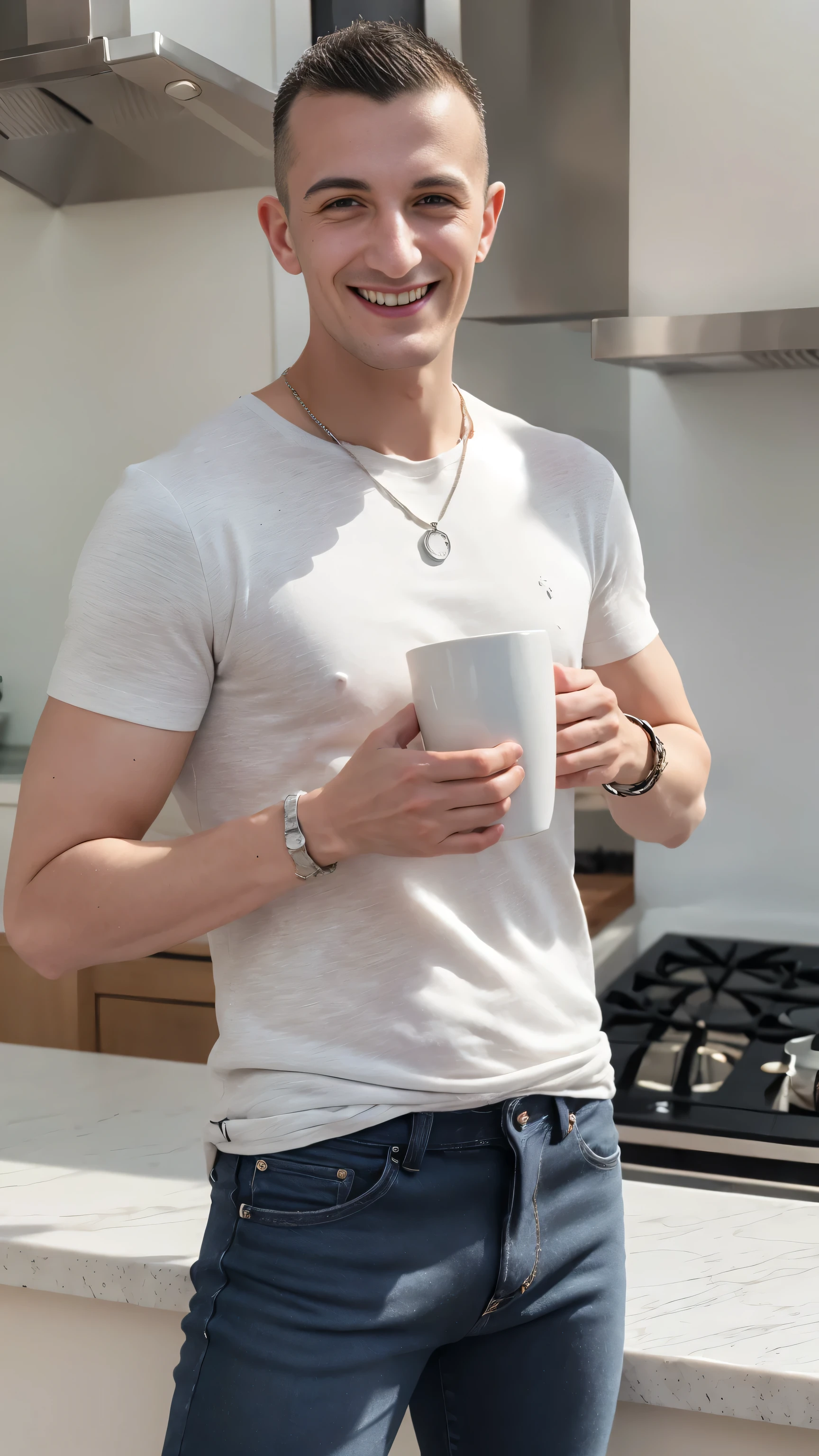 (detailed), (masterpiece, best quality:1.2), 1man, solo, perfect face, realistic photo of a man detailed chain necklace, Polish, influencer, light freckles, no makeup, wearing detailed black bracelet, wearing detailed silver watch, wearing detailed diamond ring, Instagram, 64k, sharp photo, perfect body, model looking, realistic photo of a man, romantic atmosphere, The full-body shot of this attractive man should feature a striking pose, perfect detailed hands, perfect detailed fingers, ((best quality)), ((masterpiece)),(smile:1.2), Amidst a modern kitchen with stainless steel appliances, the model sits atop a marble countertop, laughing, holding a mug of coffee, wearing a comfortable, knitted, wearing white tshirt and blue jeans.