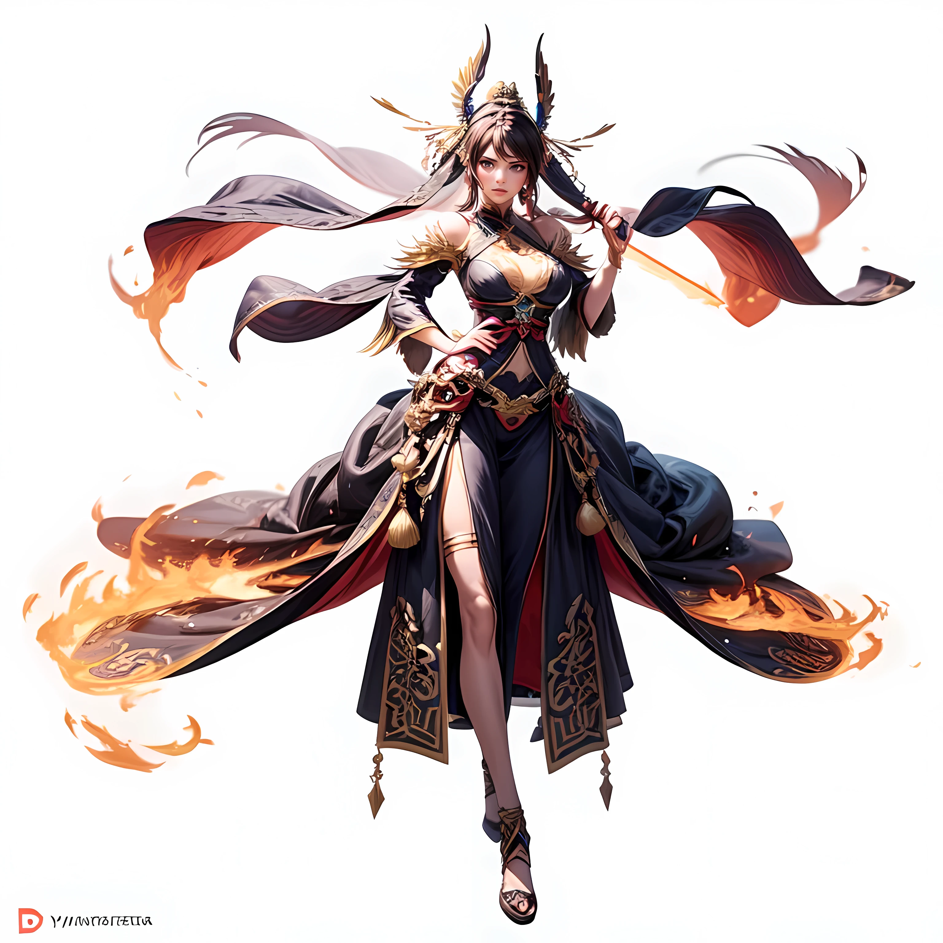 a woman in a costume with a sword and fire on her chest, dark sorceress fullbody pose, full body xianxia, a beautiful fantasy empress, appears as the fire goddess, maya ali sorceress, by Yang J, dark sorceress full view, beautiful sorceress female, 3 d render character art 8 k, a beautiful sorceress