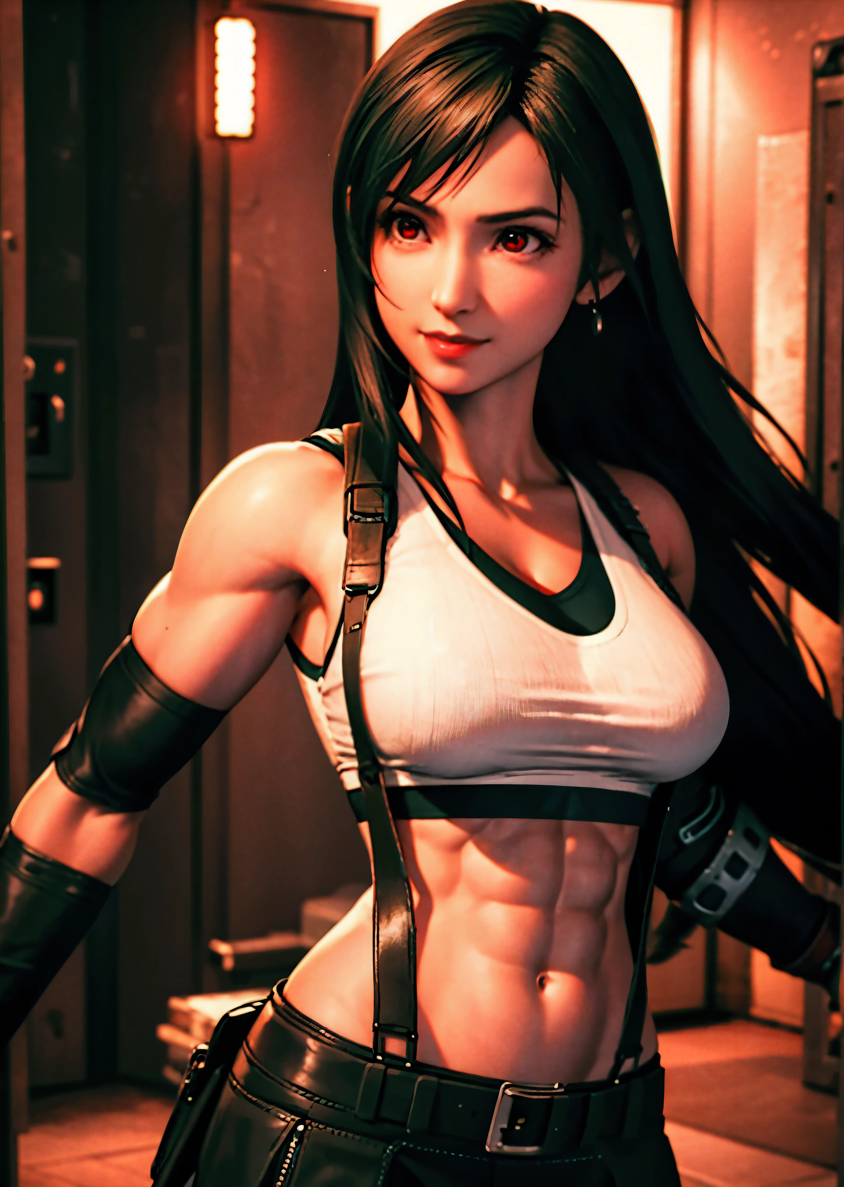 (realistic: 1.4), highest quality, very delicate and beautiful, High resolution, 1 girl, Tifa_lock heart, smile, cowboy shot, suspenders, low rise, mini skirt, Tank top, nervous shirt, black hair, long hair, elbow bag, beautiful detailed red eyes, face light, movie lighting, belly button, High exposure, exposure of the abdomen, rib, abs, big breasts, dynamic pose, dynamic angle, (abs:1.3), (muscular:1.5), biceps