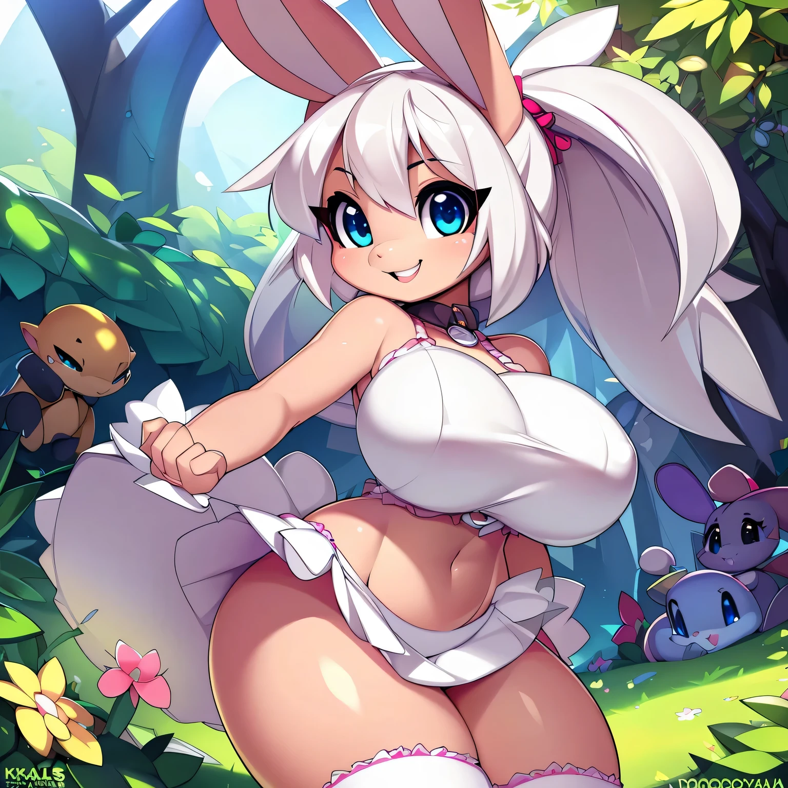 ((8k, highest quality, ultra-high detail)), (4k, masterpiece), volumetric lighting, bloom, enchanted garden, being watched, ((cute, shortstack, young, bunny girl)), (pink fur, tiny waist, large breasts, white hair), frilly white dress, thigh highs, happy smile, mischievous, shiny skin, (uploaded to e621, by doxy, by krokobyaka, by slugbox, by xylas, by oughta, by chromapan, by tsampikos, by teranen),