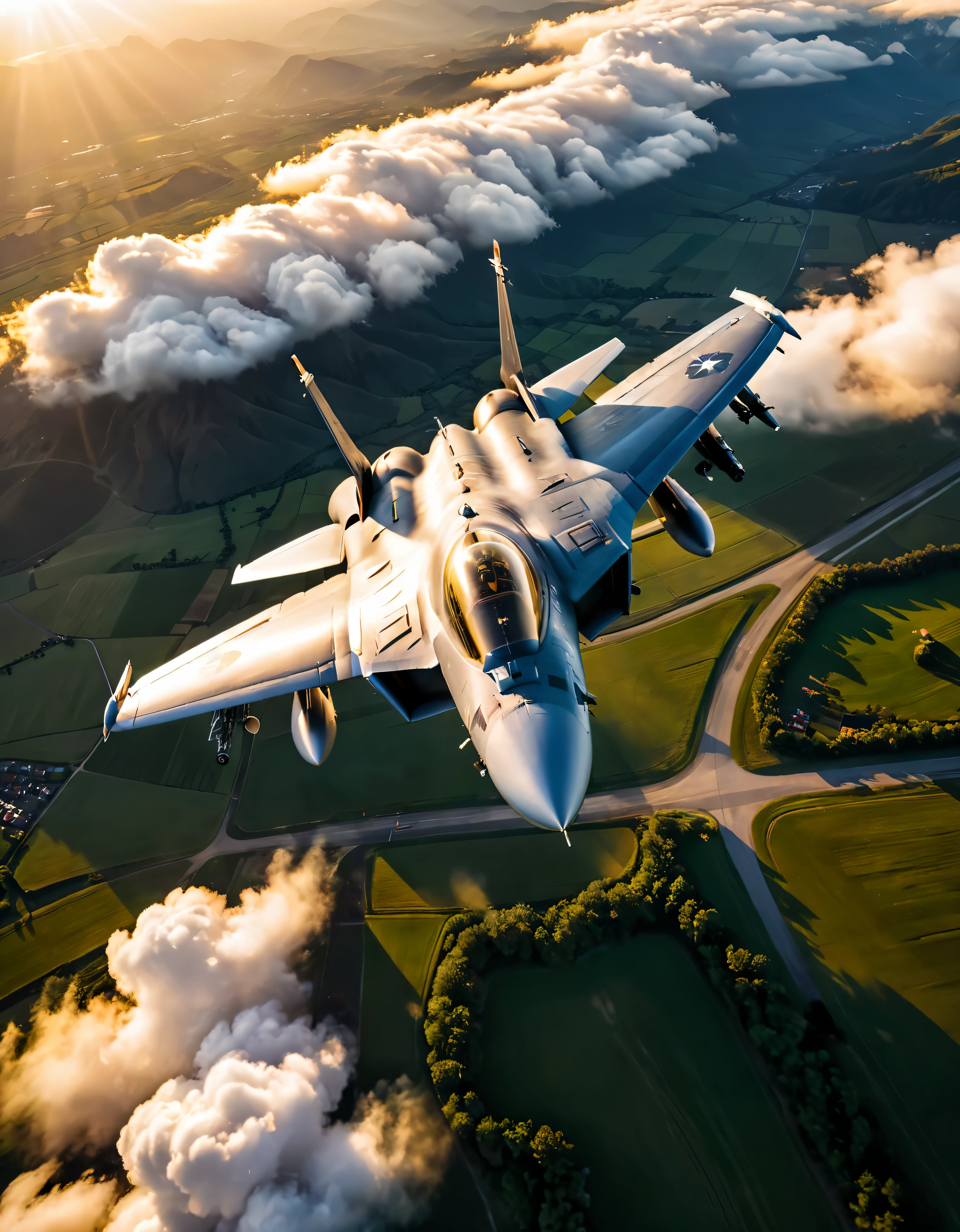 wide shot photo of Modern Fighter Jet, RAW, ((Fighter Jet):1.3), ((Majestic Decal):1.1), ((Tyndall Effect):1.2), ((Aerial view of the land beneath):1.5), ((Sunlight penetrating cloud)1.4), ((Golden Hour):1.2), (finely detailed airplane), (detailed airplane), (flying above landscape) (warm colors), breeze, breeze, reflection, (masterpiece), (perfect aspect ratio), (realistic photo), (best quality), (detailed) photographed on a Canon EOS R5, 50mm lens, F/2.8, HDR, (8k) (wallpaper) (cinematic lighting) (dramatic lighting) (sharp focus) (intricate).