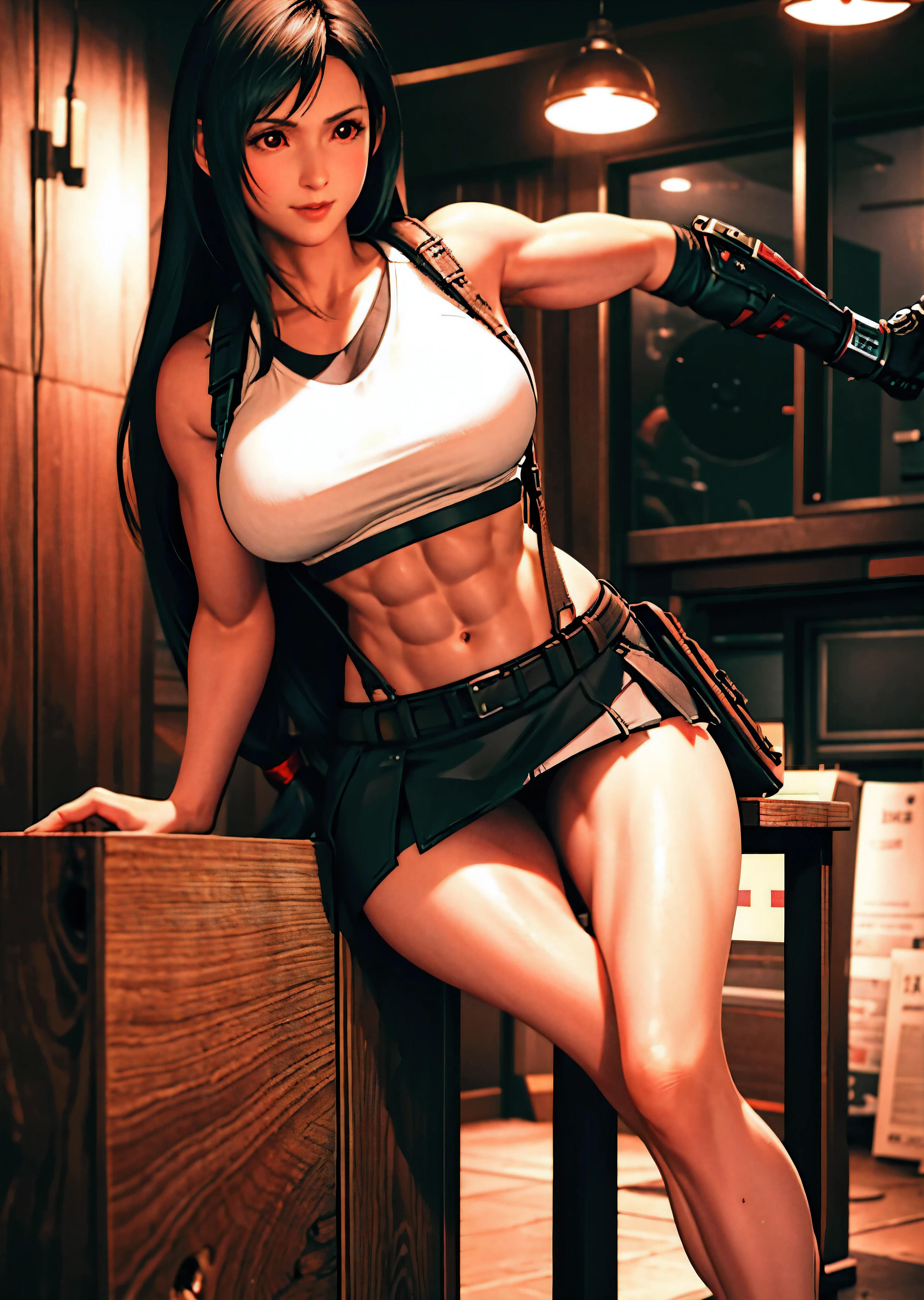 (realistic: 1.4), highest quality, very delicate and beautiful, High resolution, 1 girl, Tifa_lock heart, smile, cowboy shot, suspenders, low rise, mini skirt, Tank top, nervous shirt, black hair, long hair, elbow bag, beautiful detailed red eyes, face light, movie lighting, belly button, High exposure, exposure of the abdomen, rib, abs, big breasts, dynamic pose, dynamic angle, (abs:1.3), (muscular:1.5), put your arms behind your head、legs spread, squat