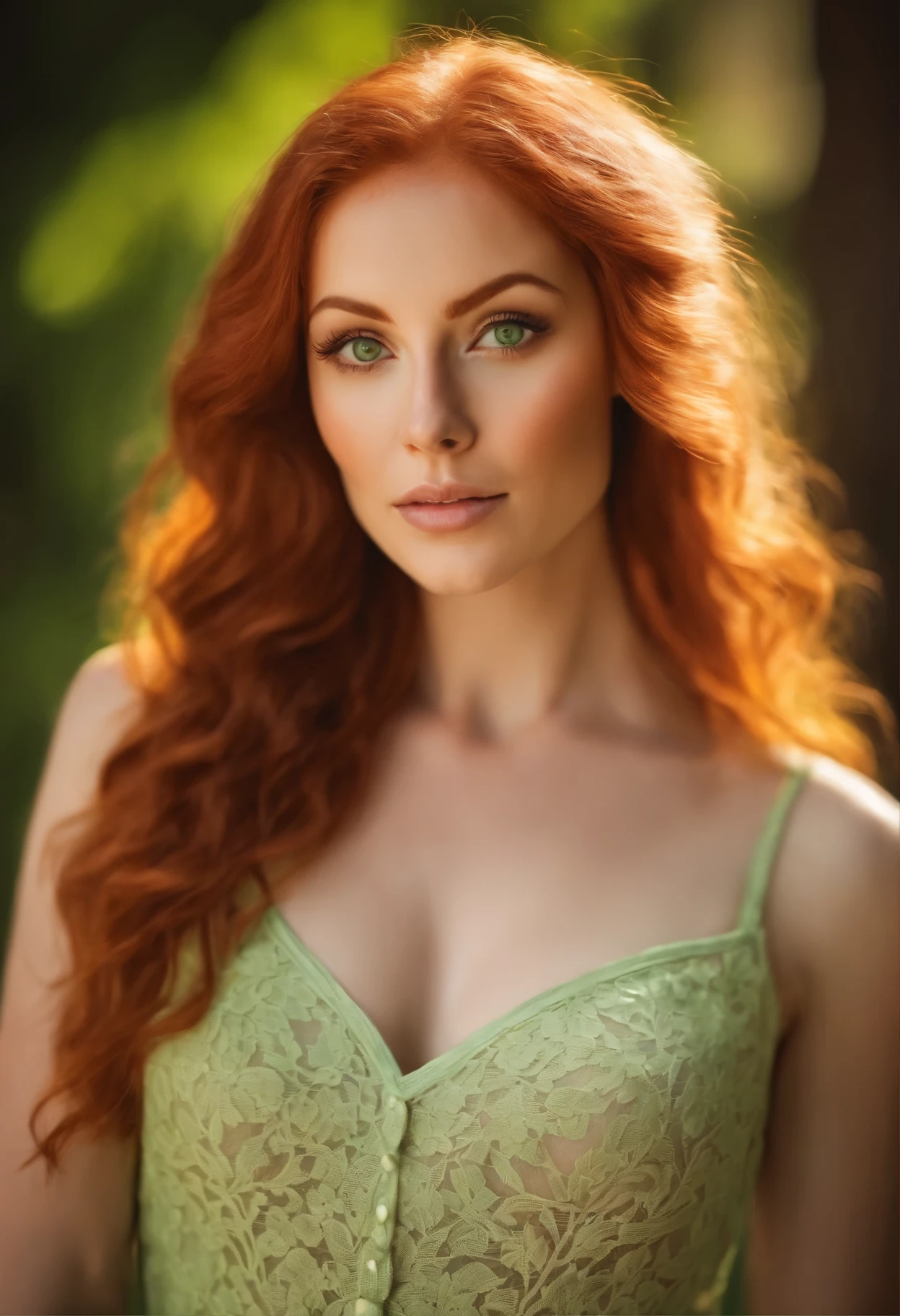 Redhead woman with green big eyes, realistic, light pink lace top, beautiful fit body, full body shot, big breasts, tan skin, daylight, sunlight