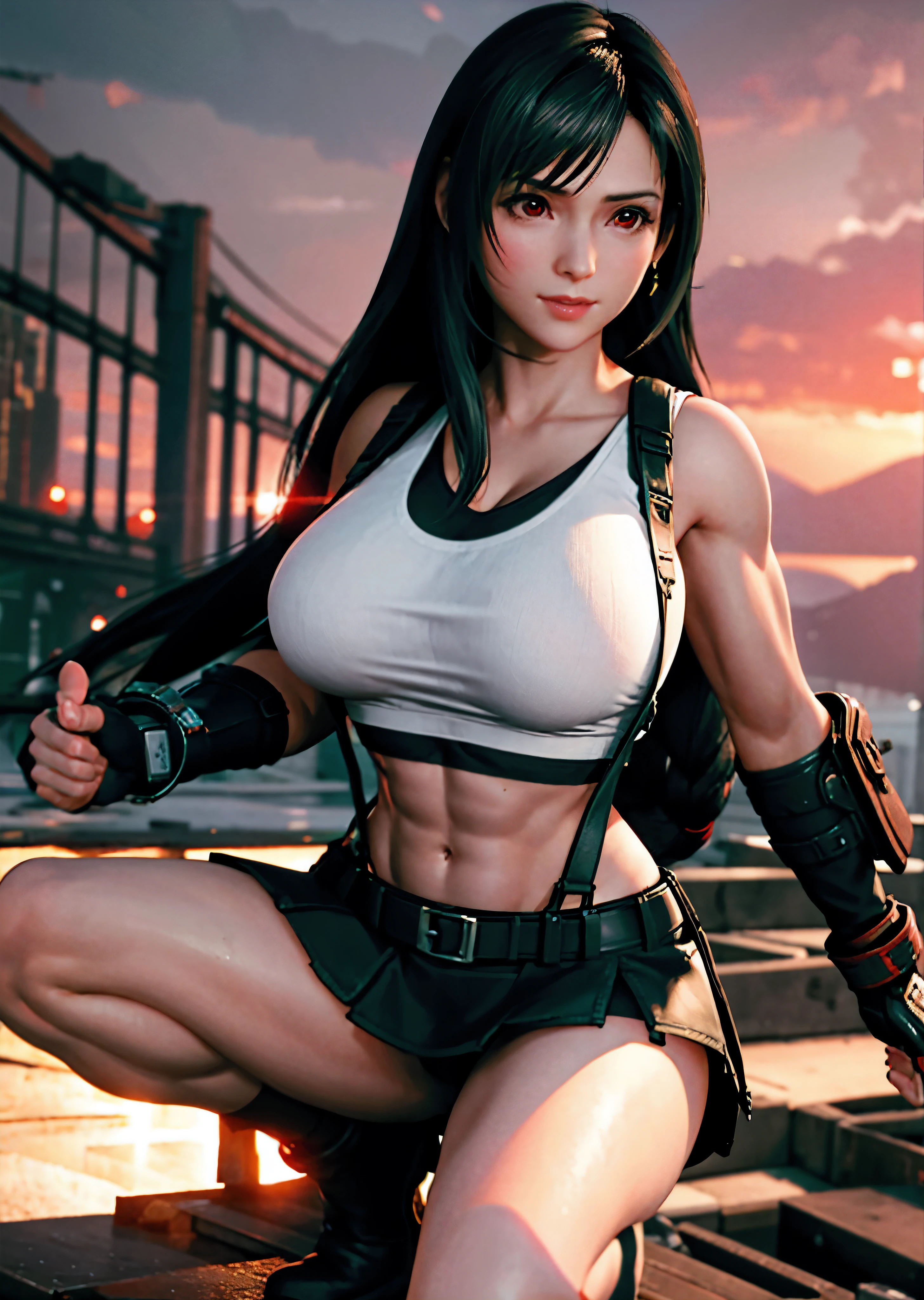 (realistic: 1.4), highest quality, very delicate and beautiful, High resolution, 1 girl, Tifa_lock heart, smile, cowboy shot, suspenders, low rise, mini skirt, Tank top, nervous shirt, black hair, long hair, elbow bag, beautiful detailed red eyes, face light, movie lighting, belly button, High exposure, exposure of the abdomen, rib, abs, big breasts, dynamic pose, dynamic angle, (abs:1.3), (muscular:1.5), put your arms behind your head、legs spread, squat