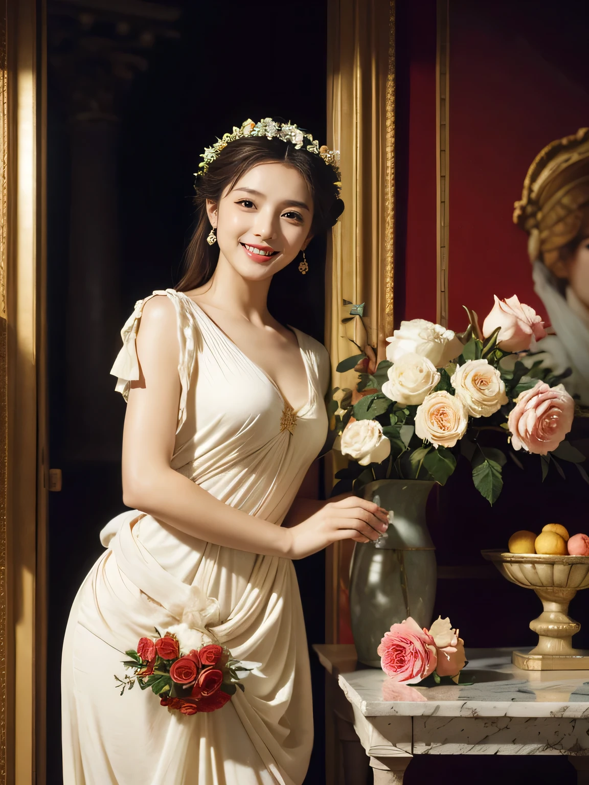 Raffaello Santi painting style,Arguments of two female 、roses in vase、fruits、Cute trinkets、smile、ancient greek costume、Woman standing on ancient Roman ruins ,A big smile