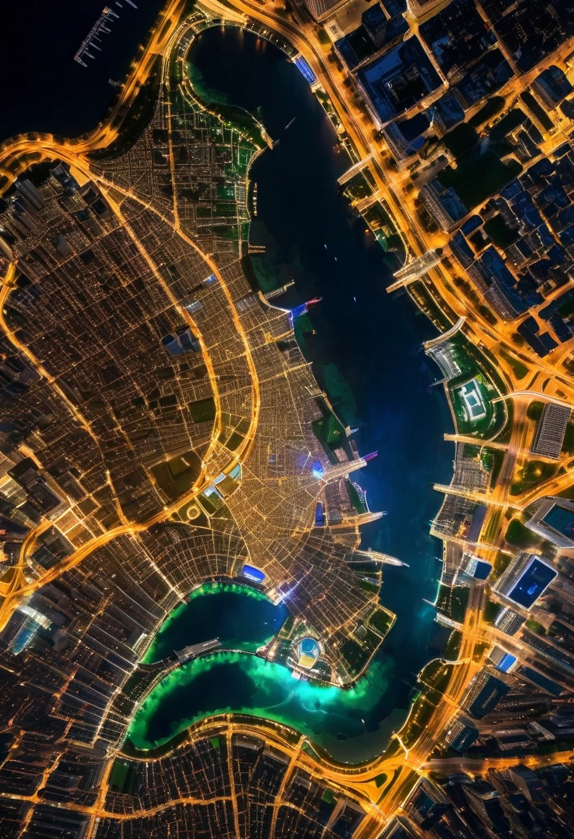 ((satellite image:1.5)),((aerial perspective:1.5)),City skyline at night, with a large illuminated and a river sparkling below