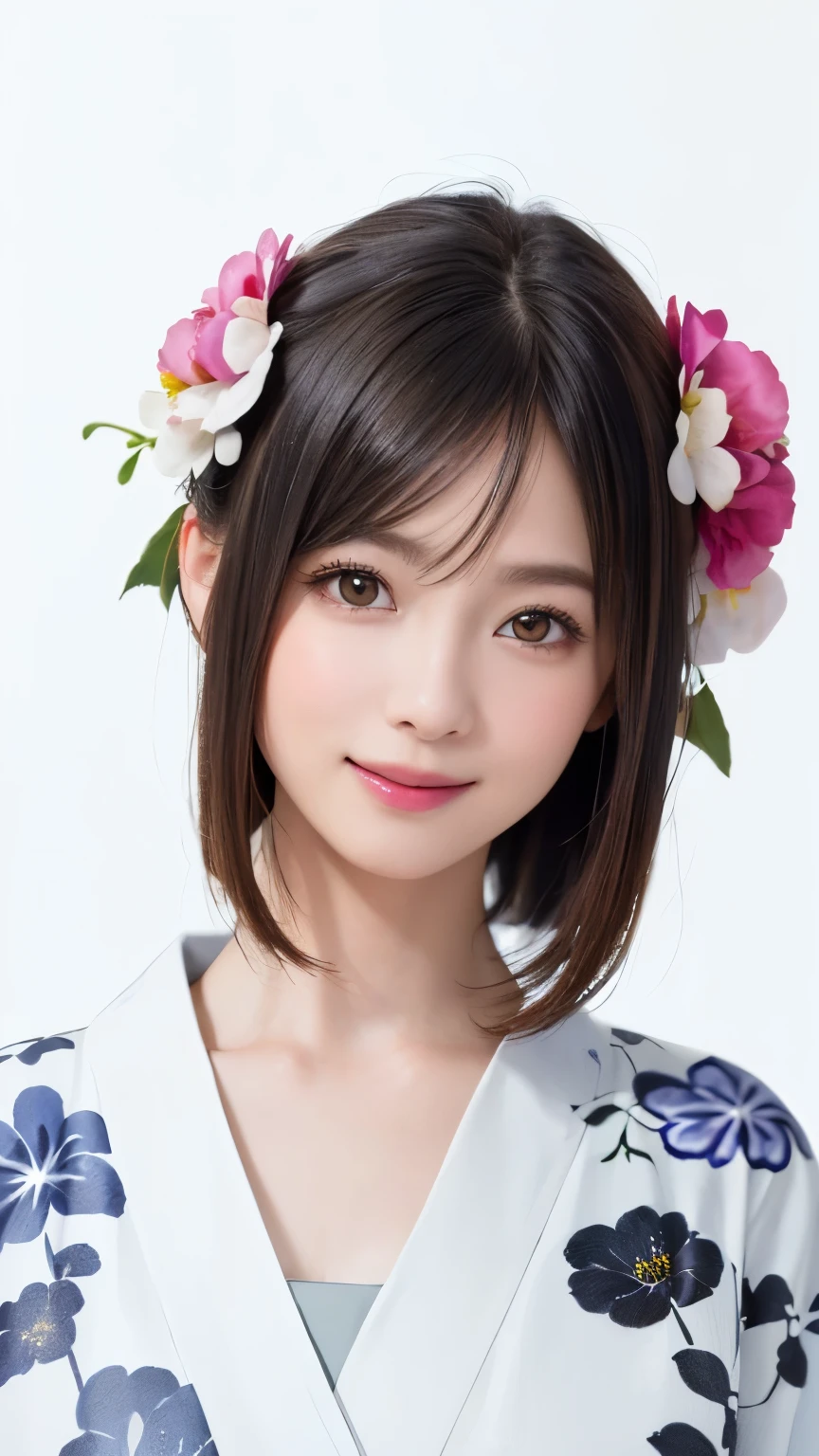(highest quality、8k、32K、masterpiece、nffsw:1.2)、(RAW photo)、(realistic)、(Photoreal:1.2)、(High resolution)、Super detailed、very beautiful face and eyes、1 girl、round and small face、thin waist、delicate body、(close、highest quality、high detail、rich skin details)、(highest quality、8k、oil paint:1.2)、Super detailed、(realistic、realistic:1.37)、(((white background)))、((black hair))、(((pure white wall background)))、(((wearing a silver yukata)))、(((pure white wall background)))、(((Yukata with English written on it)))、(((Yukata with letters written all over it)))、(((medium hair)))、(((A happy smile)))、(((I am touching my lips with my index finger)))、