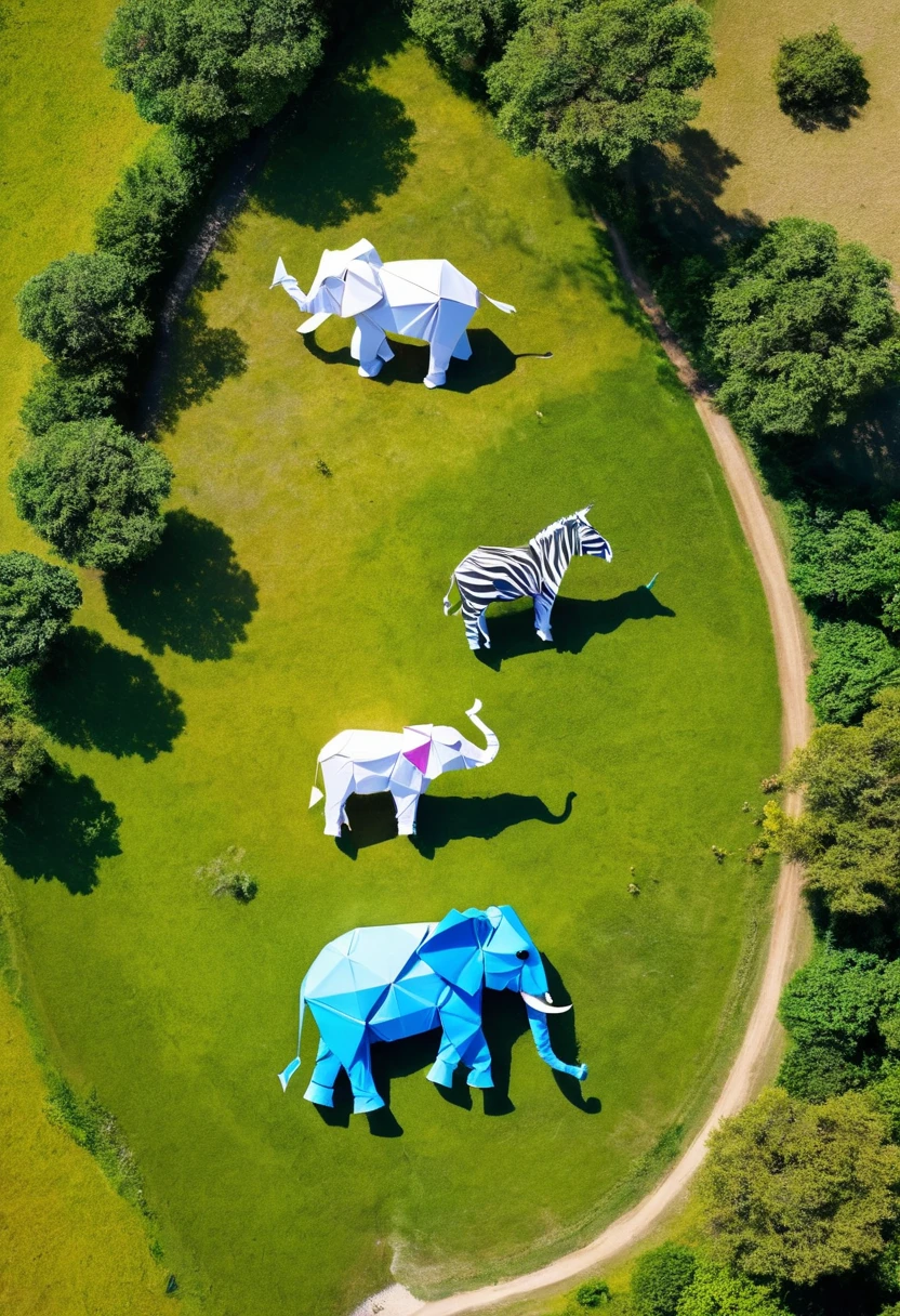 ((satellite image:1.5))，((aerial perspective:1.5))，A nature reserve showing an elephant, zebra, and lion made of origami paper that have come to life