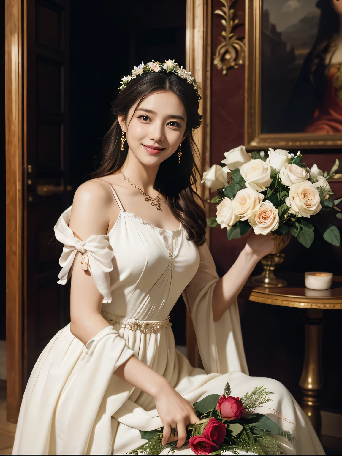 Raffaello Santi painting style,Arguments of two female 、roses in vase、fruits、Cute trinkets、smile、ancient greek costume、Woman standing on ancient Roman ruins ,A big smile