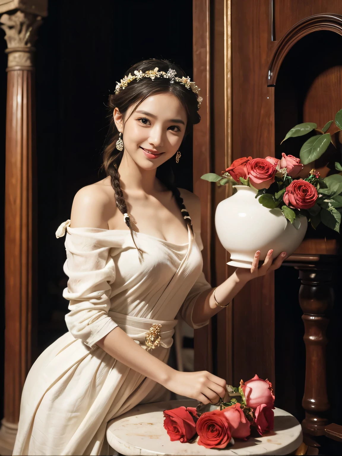 Raffaello Santi painting style,Arguments of two female 、roses in vase、fruits、Cute trinkets、smile、ancient greek costume、Woman standing on ancient Roman ruins ,A big smile