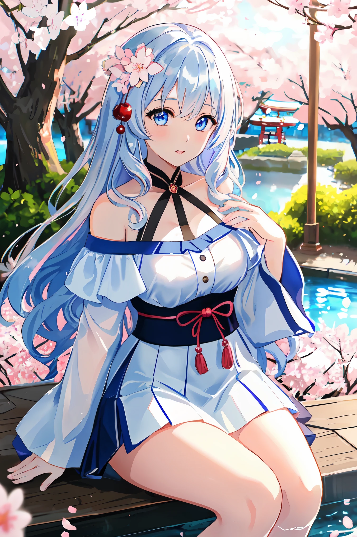 anime、1 female、whole body、semi-long、shiny silver hair、curly hair、Clear eyes、blue eyes、dense lips、well-groomed face、off shoulder clotheini skirt、cherry blossoms、cherry blossoms吹雪、Kyoto cityscape、garden、pool、evening、sunset、light reflection、masterpiece、ultra high resolution、delicate、16k、perfect lighting