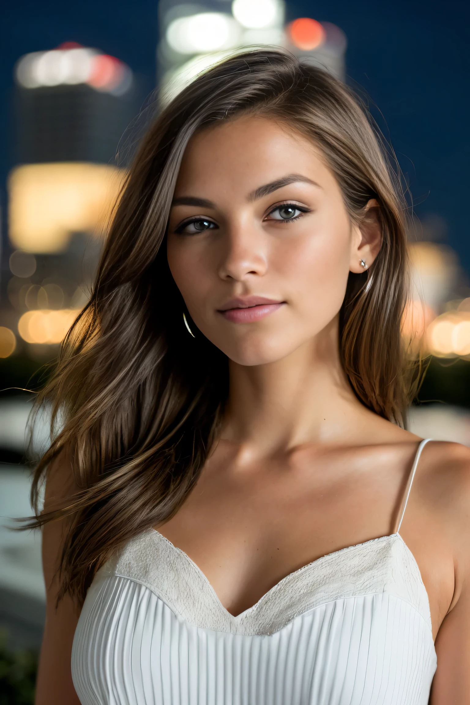 RAW close-up portrait of a 19 years old white girl, long blond hairbl, colossal tists, brown eyes, Best quality, Highly detailed face,, corrugated, (woman with brown eyes) in an apartment, Background in Toronto Ontario, Starry night sky, ,natural breasts_c, city night background , (Red summer dress), (neckline), detailed (textures!, Hair!, brightness, color!, imperfections:1.1), highly detailed bright eyes, (Looking at the camera), specular lighting, digital SLR, ultra quality, sharp focus, sharp, DOF, film grain, (center), Fujifilm XT3, crystal clear, center of frame, Cute face, sharp focus, Light pole, neon lights, Bokeh, (dimly lit), discreet, At night, (night sky)
