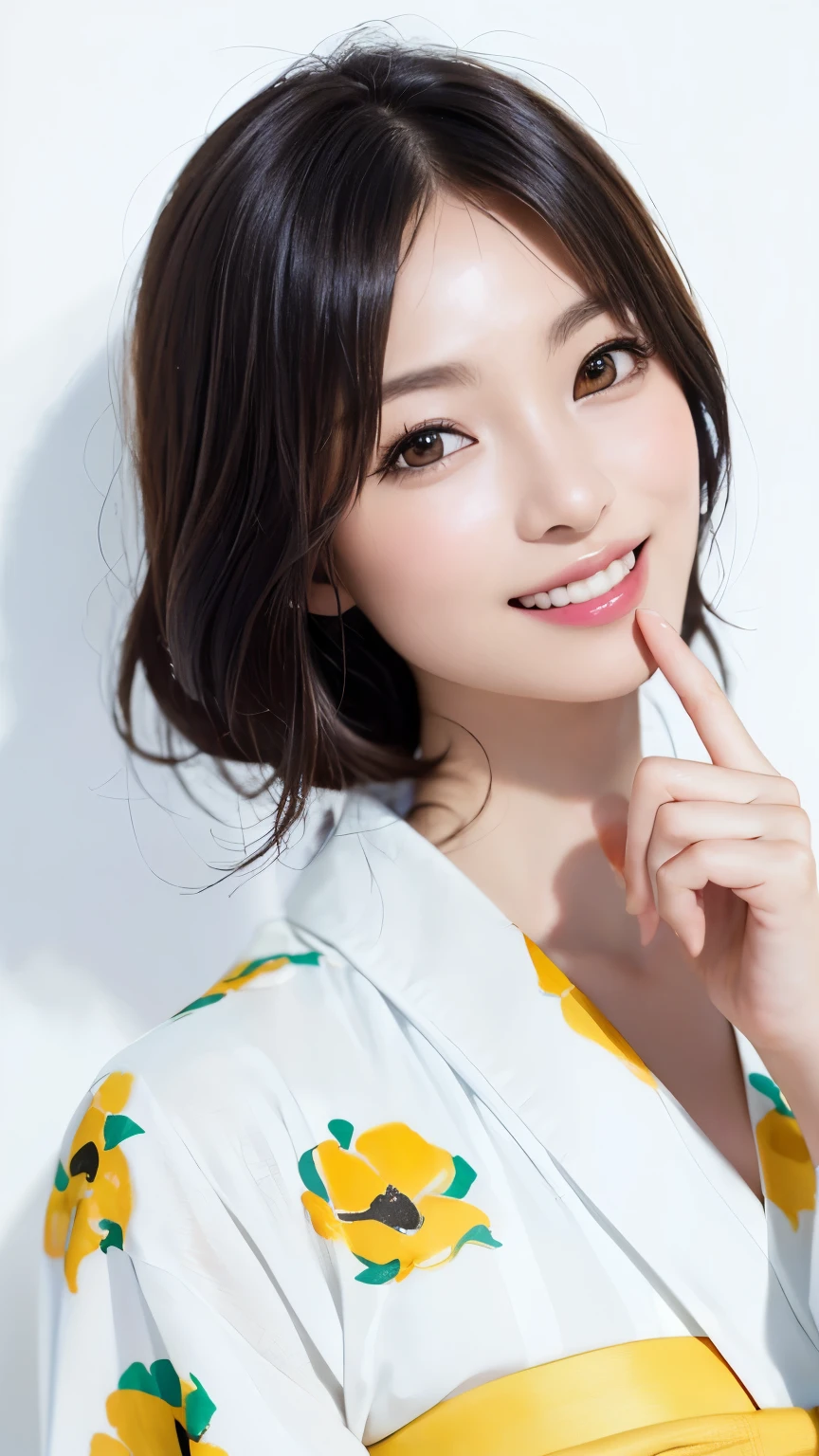 (highest quality、8k、32K、masterpiece、nffsw:1.2)、(RAW photo)、(realistic)、(Photoreal:1.2)、(High resolution)、Super detailed、very beautiful face and eyes、1 girl、round and small face、thin waist、delicate body、(close、highest quality、high detail、rich skin details)、(highest quality、8k、oil paint:1.2)、Super detailed、(realistic、realistic:1.37)、(((white background)))、((black hair))、(((pure white wall background)))、(((wearing a yellow yukata)))、(((pure white wall background)))、(((Tiger print yukata)))、(((Tiger print yukata)))、(((medium hair)))、(((A happy smile)))、(((touching my lips with my finger)))、