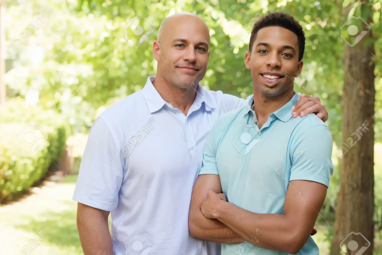 Transform into a bald blue eyed Caucasian father in his 40’s and his teenage blue eyed blonde Caucasian son, both are naked and undressed , with dark African American bodies below the neck and enormous penises