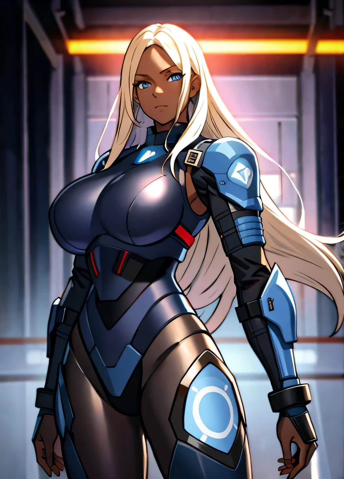 black sci-fi armor, long blonde hair, colored skin, brown skin, blue eyes, gigantic breasts, black pistol, solo, standing, upper body