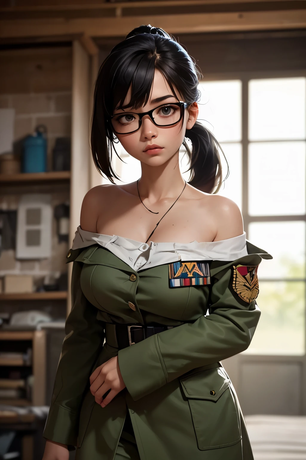 ((wide angle shot)), beautiful female veteran, black hair in a ponytail, bangs, wearing large glasses, wounds, injuries, ((wearing ww2 Oversized military uniform, Off shoulders, Distressed, worn-out)), on the ww2 battlefield