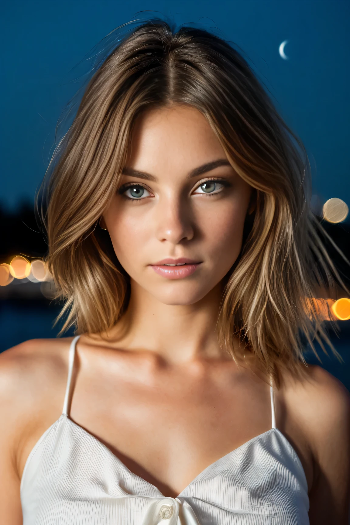 RAW close-up portrait of a 19 years old white girl, long blond hairbl, colossal tists, brown eyes, Best quality, Highly detailed face,, corrugated, (woman with brown eyes) in an apartment, Background in Toronto Ontario, Starry night sky, ,natural breasts_c, city night background , (Red summer dress), (neckline), detailed (textures!, Hair!, brightness, color!, imperfections:1.1), highly detailed bright eyes, (Looking at the camera), specular lighting, digital SLR, ultra quality, sharp focus, sharp, DOF, film grain, (center), Fujifilm XT3, crystal clear, center of frame, Cute face, sharp focus, Light pole, neon lights, Bokeh, (dimly lit), discreet, At night, (night sky)