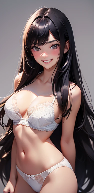 (8K、highest quality、masterpiece:1.uper detailed、super resolution、Realistic、(1girl) 、(black hair)、long hair,straight hair,black eyes、(face focus,cowboy shot),(white bra,white pantrin:1.3),open mouth、cute face,blush、large breasts,(sickground),