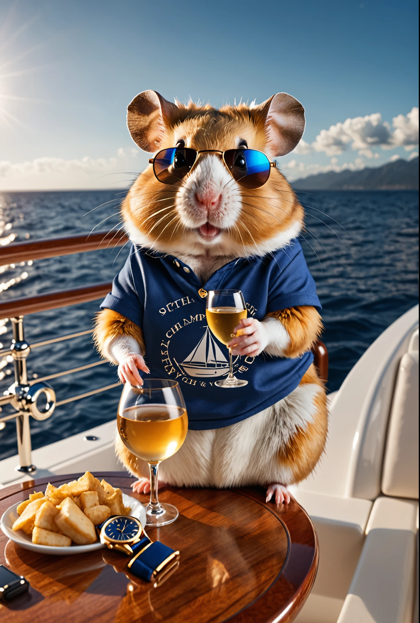 photorealistic cute hamster,on expensive yacht in a deep ocean,drinking champain,wearing blue modern tshirt,Wearing an expensive golden watch and expensive sunglasses,