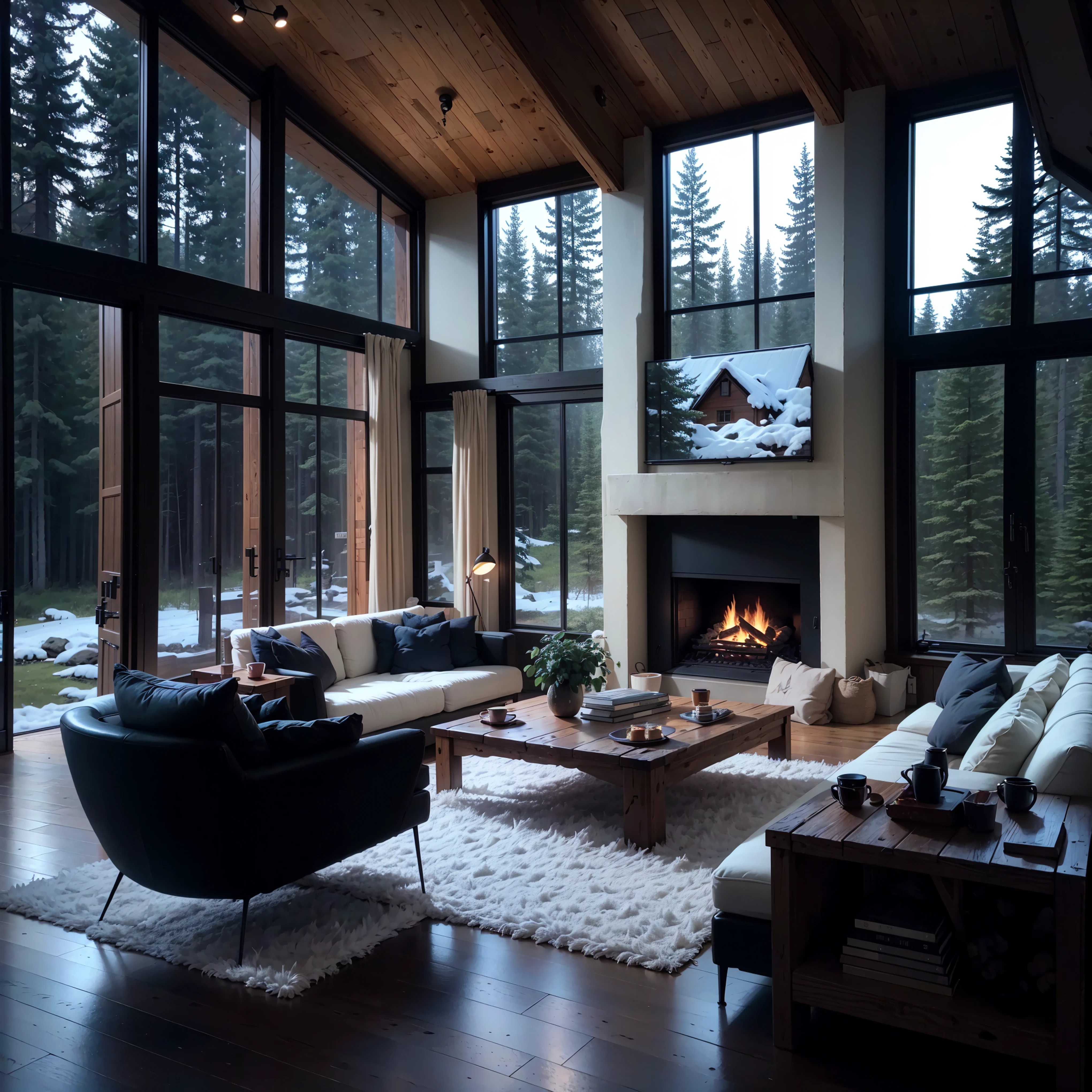 THIS EVENING WOODEN CABIN LIVING ROOM ANIME BACKGROUND, (COZY ATMOSPHERE), (SUBTLE LIGHTING), BRIGHT STONE FIREPLACE FIRE, LIONSKIN RUG THIS EVENING BEST QUALITY, TRANSPARENT GLASS WINDOWS