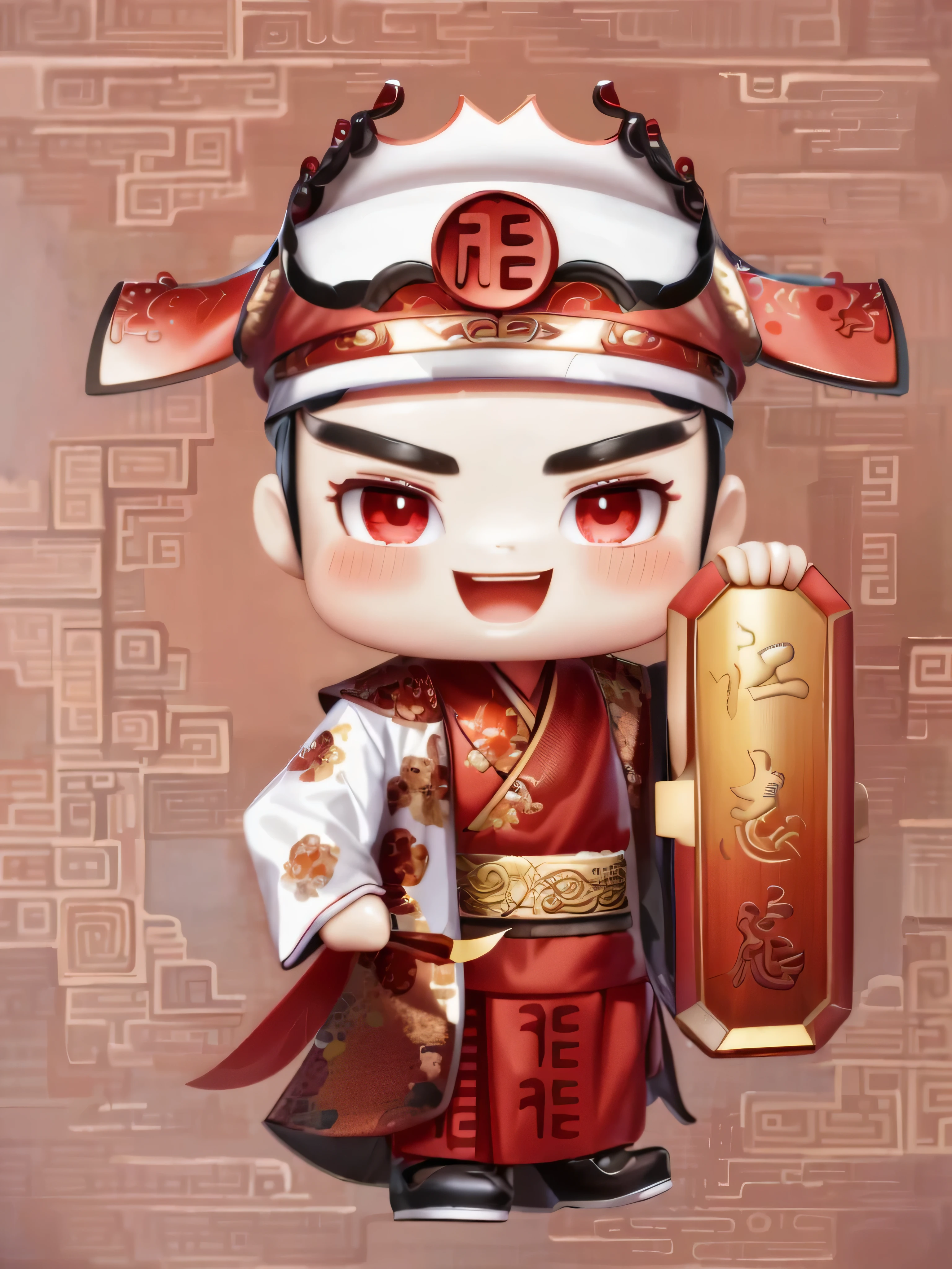 Close-up of little doll holding Spring Festival couplets, Inspired by Puhua, Zhao Yun, heise jinyao, strict, you, 黄肯尼 x Pop Mart, Inspired by Gu An, Hanfu, Nendoroid 3 days, Lu Ji, Chinese civilian officials, Guan yu, feng shu, Chick, hua cheng, nanquan,Red traditional costume,ultra high definition, masterpiece, precise, Super detailed, high detail, high quality, Award-winning, best quality, 16k
