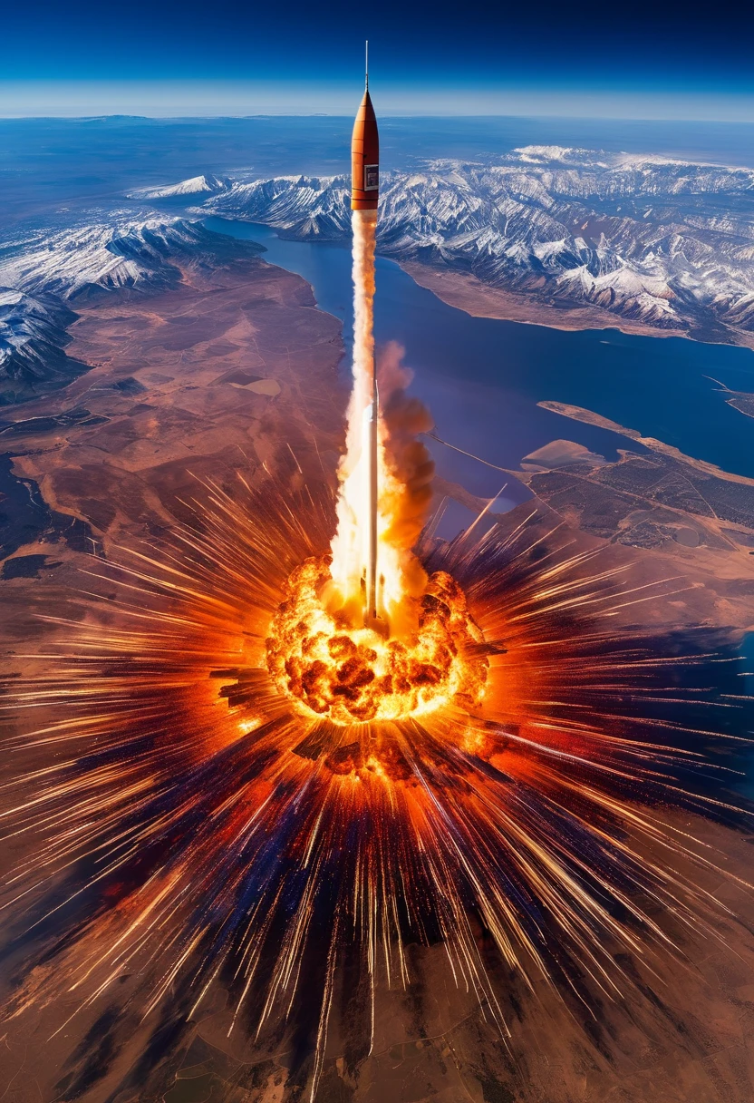 ((satellite image:1.5)),((aerial perspective:1.5)),From a spectacular space aerial perspective, a spacecraft is shooting towards the blue sky, while a massive explosion on the ground sends up flames and billowing smoke. This scene is filled with dynamism and power, showcasing human courage and determination to explore the universe. The trail left by the spacecraft contrasts sharply with the flames and smoke on the ground, enhancing the visual impact. The orange-red of the flames contrasts with the blue of the sky. The distant cities and mountains bear witness to this magnificent spectacle, adding layers and details to the composition.