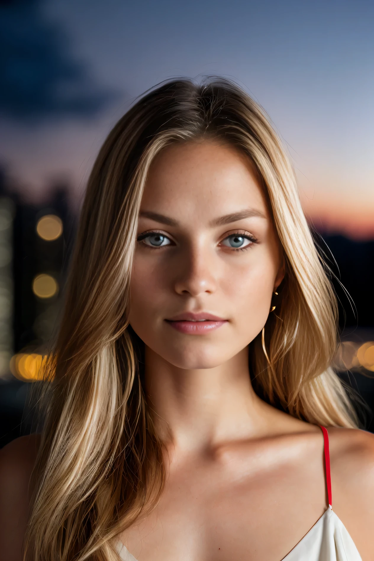 RAW close-up portrait of a 19 years old white girl, long blond hairbl, colossal tists, brown eyes, Best quality, Highly detailed face,, corrugated, (woman with brown eyes) in an apartment, Background in Toronto Ontario, Starry night sky, ,natural breasts_c, city night background , (Red summer dress), (neckline), detailed (textures!, Hair!, brightness, color!, imperfections:1.1), highly detailed bright eyes, (Looking at the camera), specular lighting, digital SLR, ultra quality, sharp focus, sharp, DOF, film grain, (center), Fujifilm XT3, crystal clear, center of frame, Cute face, sharp focus, Light pole, neon lights, Bokeh, (dimly lit), discreet, At night, (night sky)