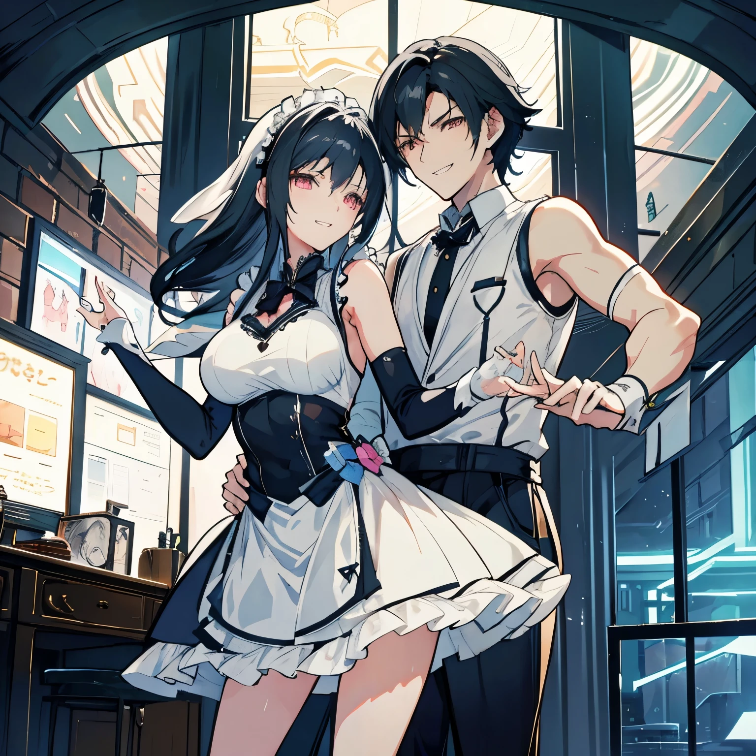 an illustration of a male wearing a butler has a black messy hair and lazy grin and he is manly and has a broad shoulder, the male is with a girl wearing a maid outfit and has a silver hair and a cheerful smile, in manhwa style, they both pose romantically, dynamic pose with foreshortening, they both are moving, the setting is in a cozy cafe, the male is holding the girl waist as the girl about to trip, the boy is taller