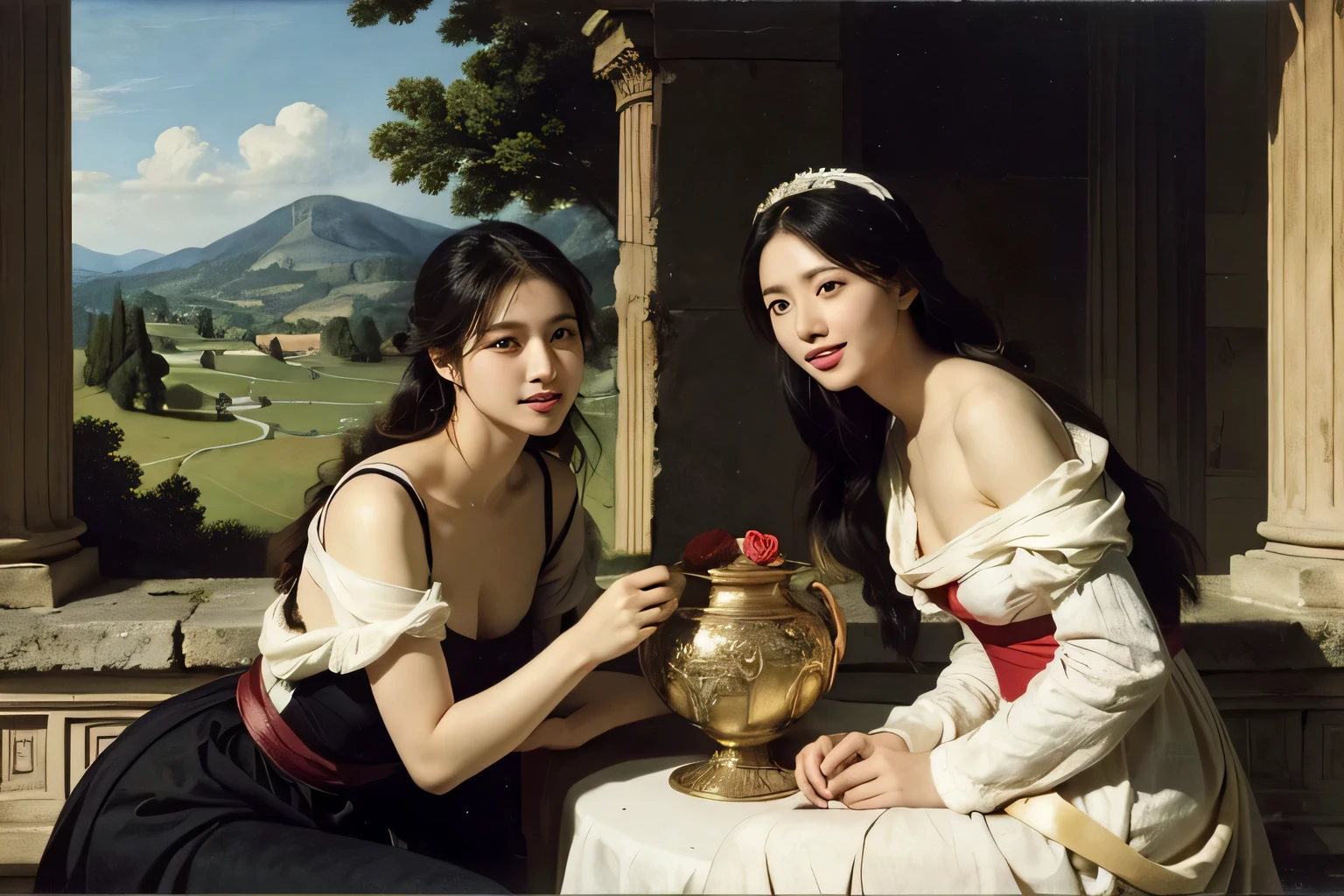 Poussin-style landscape,A smile,,Sweet and seductive appearance.、Caravaggio's paintings、Chiaroscuro of Caravaggio、Hair disheveled in the wind,Two women frolicking,Cute smile, Expression of ecstasy,A sexy,erotic,Raffaello Santi painting style,Arguments of two female 、roses in vase、fruits、Cute trinkets、smile、ancient greek costume、Woman standing on ancient Roman ruins ,A big smileare skin,