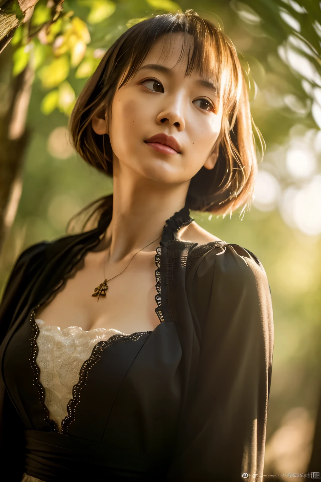 (dense woods: 1), the golden hour, Light brown eyes, 1 woman, black clothing, (Photorealistic), (Complex Detail: 1.2), (masutepiece, :1.3), (of the highest quality: 1.4), (Ultra High Resolution: 1.2), (eye detailed ), (detailed facial features), Strong sunlight, 8K (Lens Flare: 0.7), (Lens Flare: 0.7), turned around,Feminine pose, Upper body, Tight waistline
