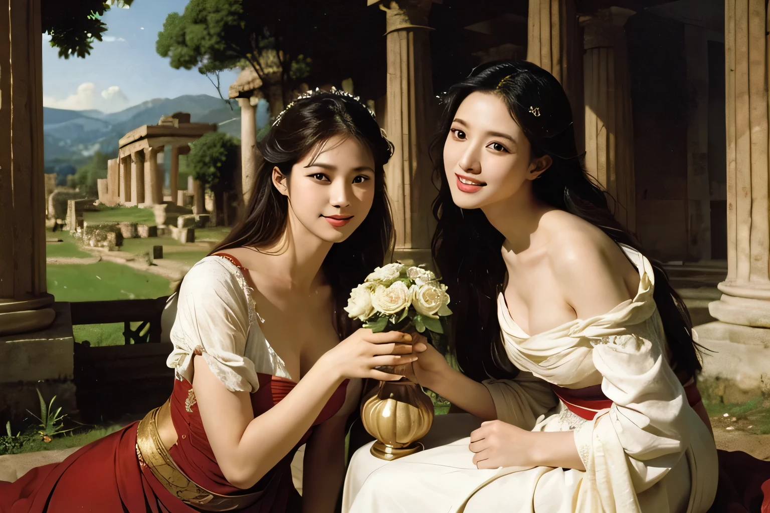 ancient roman sculpture,Ancient Roman ruins,Poussin-style landscape,A smile,,Sweet and seductive appearance.、Caravaggio's paintings、Chiaroscuro of Caravaggio、Hair disheveled in the wind,Two women frolicking,Cute smile, Expression of ecstasy,A sexy