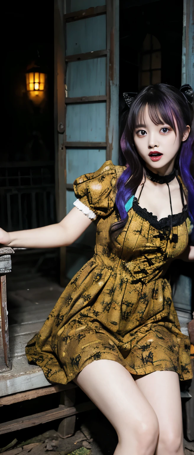 horror taste idol、whole body、good style、、、zombie pattern mini dress、colorful hair、、moldy haunted house