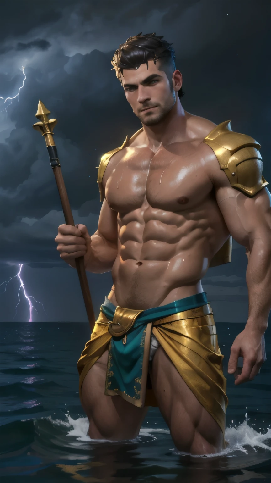 ((best quality)), ((masterpiece)), (detailed), perfect face,Male Body,Perfect Body,fortnite Game,Jelly Green Body,Sixpack,perfect Abs,Whole Body,Male face,god of ocean,Whole Body,King of sea,Golden outfits,black hair,wet,shirtless,handsome,arms muscle,Using power,green eyes,powerful man,Green lightning,thunderstorm, Golden loincloth,Dark Sky,Look straight,lighting staff,stand on water,holding staff
