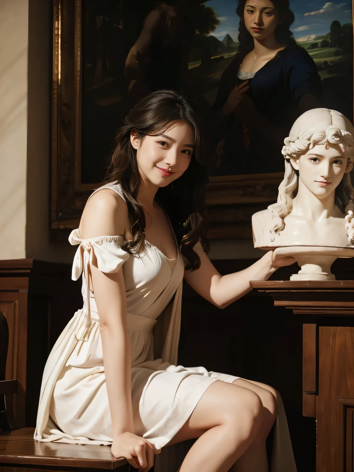 Poussin-style landscape,A smile,,Sweet and seductive appearance.、Caravaggio's paintings、Chiaroscuro of Caravaggio、Hair disheveled in the wind,Two women frolicking,Cute smile, Expression of ecstasy,A sexy,erotic,Raffaello Santi painting style,Arguments of two female 、roses in vase、fruits、Cute trinkets、smile、ancient greek costume、Woman standing on ancient Roman ruins ,A big smileare skin,