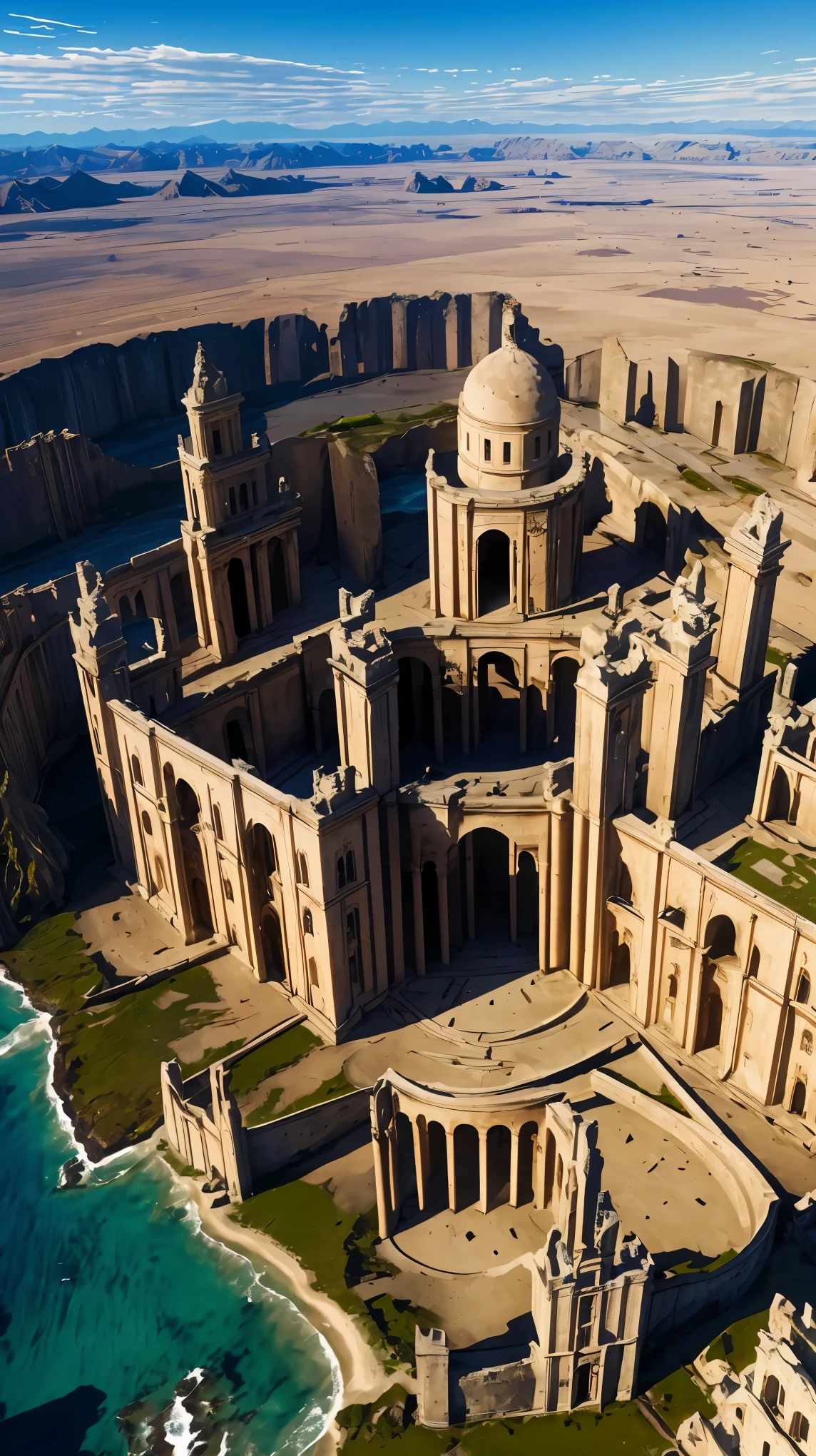 (highest quality, 4K, 8K, High resolution, masterpiece:1.2), Super detailed, (realistic, フォトrealistic, フォトrealistic:1.37), cinematic light, Bright colors and mesmerizing effects, contrast between darkness and bright light, shadows and highlights, from above, Aerial photo of high-rise world heritage sites, Ruins dotted across a vast land, traces of ancient civilization, historic landscape, trajectory of glory, Majestic atmosphere, Facts revealed from aerial footage, Dramatic composition.