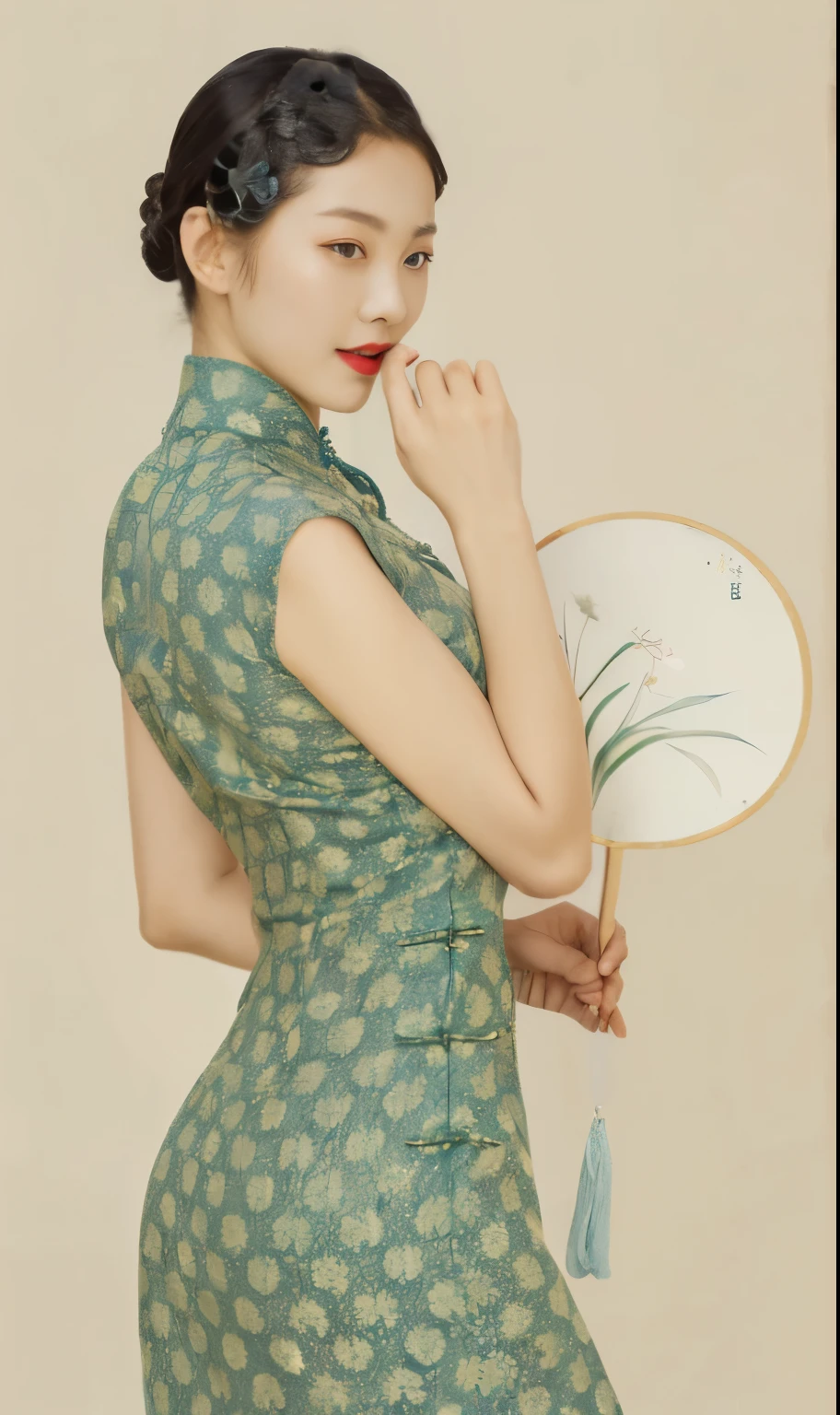 araffe woman in a green dress holding a fan and a mirror, cheongsam, in a blue qipao, wearing a blue qipao dress, chinese style, traditional chinese clothing, chinese dress, with acient chinese clothes, inspired by Yun Shouping, by Mei Qing, style of guo hua, inspired by Gao Qipei, inspired by Zhang Shuqi