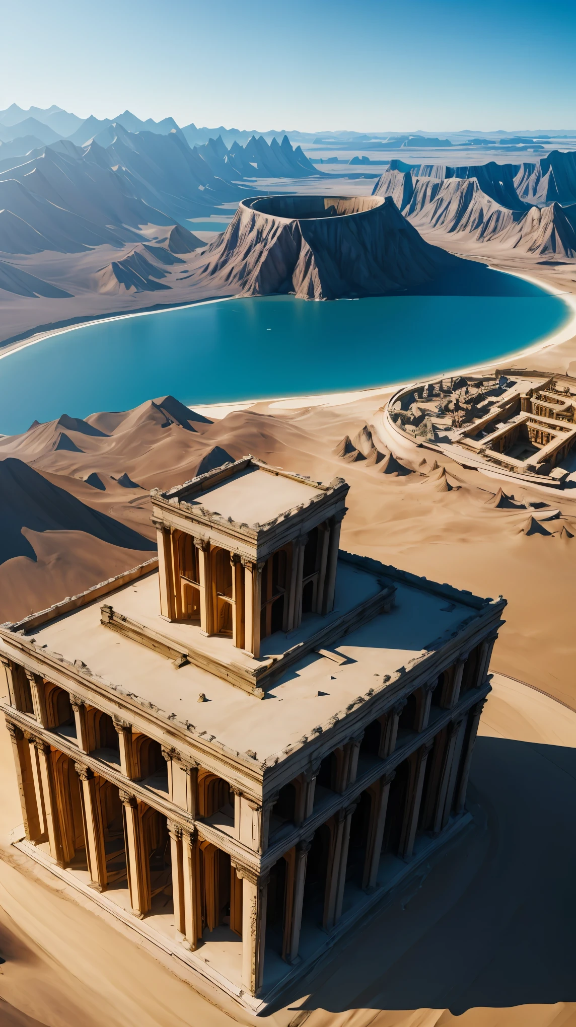 (highest quality, 4K, 8K, High resolution, masterpiece:1.2), Super detailed, (realistic, フォトrealistic, フォトrealistic:1.37), cinematic light, Bright colors and mesmerizing effects, contrast between darkness and bright light, shadows and highlights, from above, Aerial photo of high-rise world heritage sites, Ruins dotted across a vast land, traces of ancient civilization, historic landscape, trajectory of glory, Majestic atmosphere, Facts revealed from aerial footage, Dramatic composition.