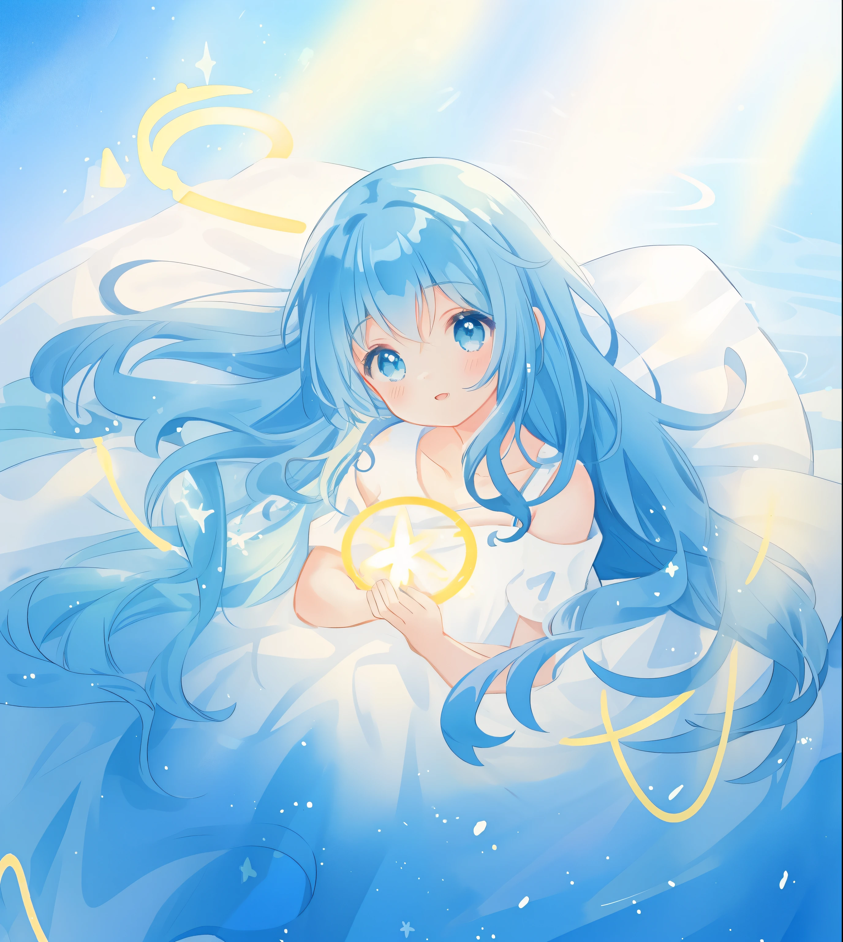 beautiful girl surrounded by liquid light, blue long curly hair, Blue watery liquid background, beautiful girl holding a glowing golden light, watercolor illustration, A dazzling halo surrounds her, otherworldly fantasy, beautiful, masterpiece, best quality, Anime Disney style
