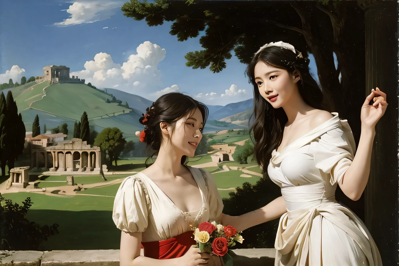 Giorgione painting style,Arguments of two female Philosophe,math、astronomical machine、astronaut、roses in vase、fruits、Cute trinkets、smile、ancient greek costume、Ancient Roman landscape in the style of Nicolas Poussin,laughter,,Sweet and seductive appearance.、Caravaggio's paintings、Chiaroscuro of Caravaggio、hair tousled by the wind,Two women frolicking,cute smile, expression of ecstasy,Sexy,erotic
