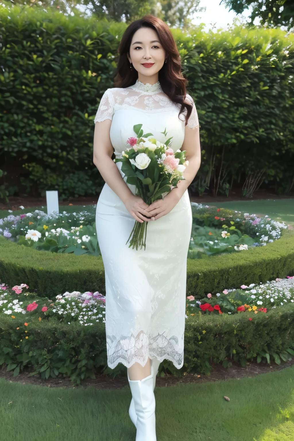 ((top quality、8k、masterpiece:1.3))、sharp focus, High level of image quality, high resolution，,Floral green round neck dress，37-year-old woman with long wavy hair，Mature，charming smile，Draw lips correctly, red lipstick，stand，Leg length，white boots，Chubby body，Big breasts，garden background，full-body shot