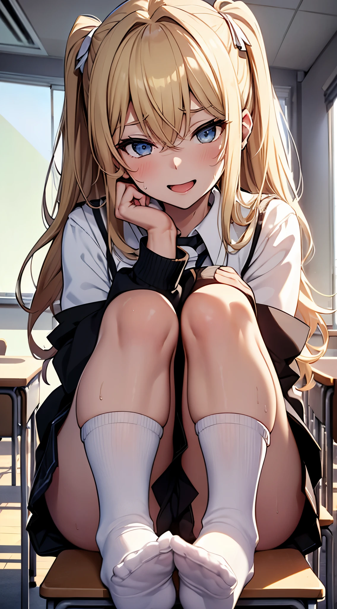 Highest品質、Highest1person girl,high quality,A detaileded face、A detaileded eye、detailed nose、detailed mouth、 beautiful expression, ((Masseter muscle part)), ((High resolution)), ((Highest品質)), detailed, (NSFW:1.4 ,cum face、excited face.I'm very happy,), ((Skin shiny with sweat)), (school uniform:1.2、loose socks)、 with a girl, blonde, (half twin tail)、sit at your desk and spread your legs:1.3、pure white skin:1.3、、, cinematic lighting, completely in the shade,(((classroom))), Realistic lighting with shades,Show the whole body