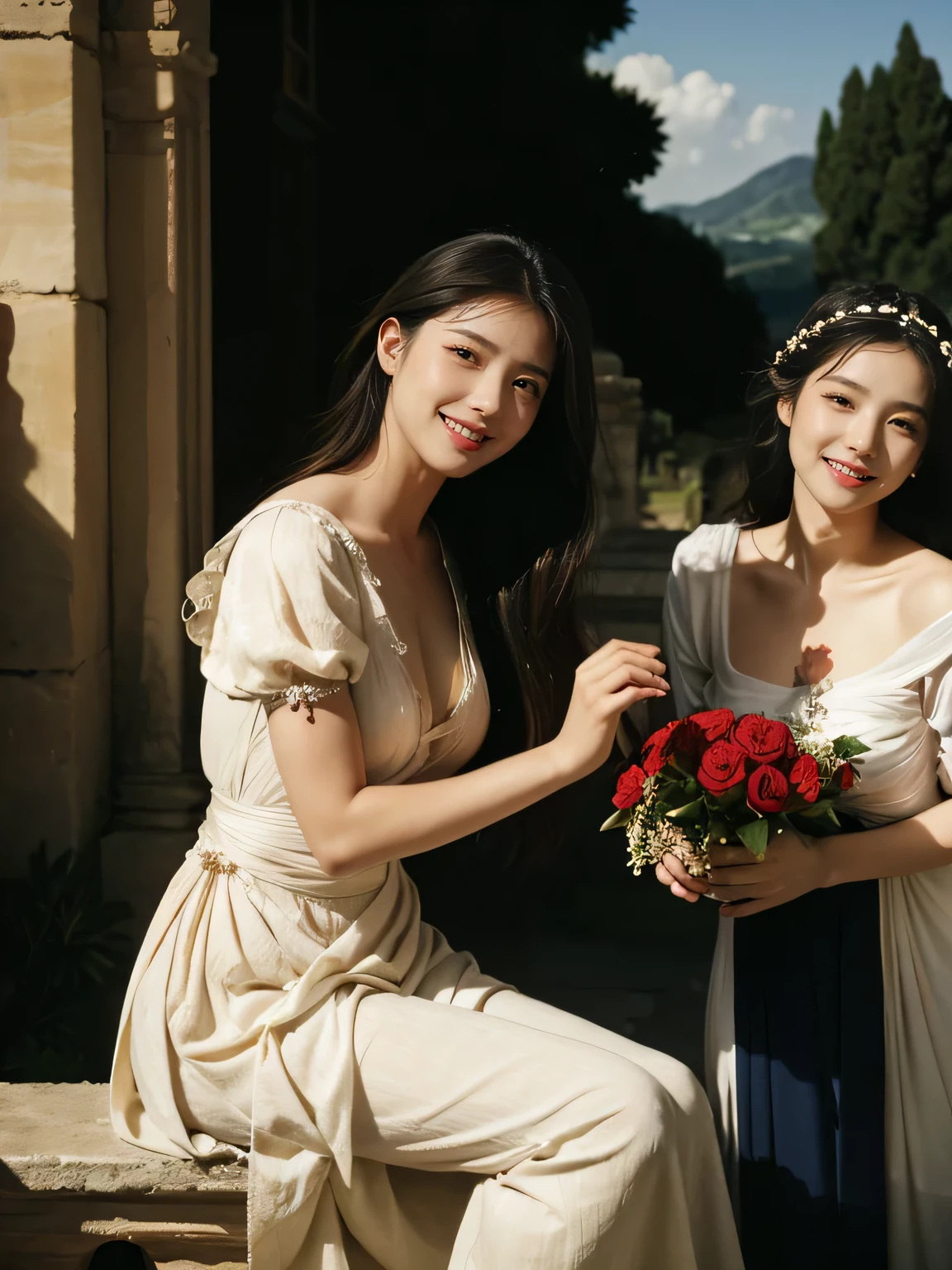 Poussin-style landscape,A smile,,Sweet and seductive appearance.、Caravaggio's paintings、Chiaroscuro of Caravaggio、Hair disheveled in the wind,Two women frolicking,Cute smile, Expression of ecstasy,A sexy,erotic,Raffaello Santi painting style,Arguments of two female 、roses in vase、fruits、Cute trinkets、smile、ancient greek costume、Woman standing on ancient Roman ruins ,A big smileare skin,