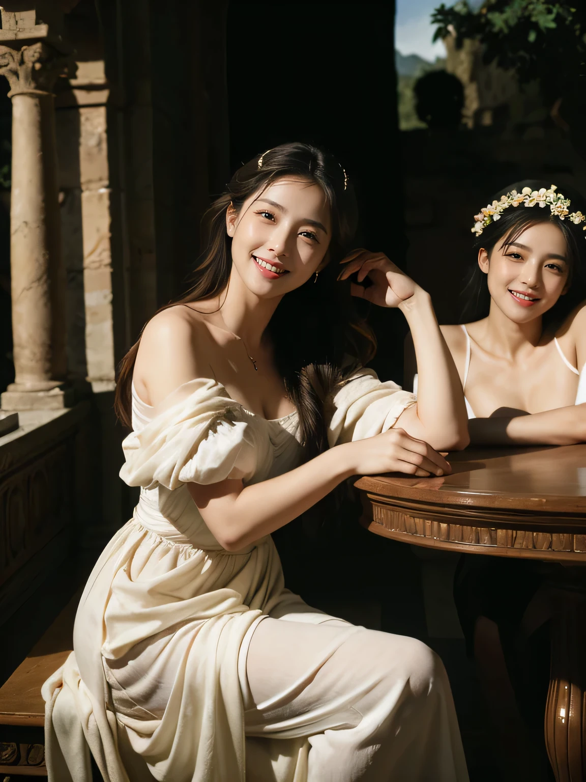 Poussin-style landscape,A smile,,Sweet and seductive appearance.、Caravaggio's paintings、Chiaroscuro of Caravaggio、Hair disheveled in the wind,Two women frolicking,Cute smile, Expression of ecstasy,A sexy,erotic,Raffaello Santi painting style,Arguments of two female 、roses in vase、fruits、Cute trinkets、smile、ancient greek costume、Woman standing on ancient Roman ruins ,A big smileare skin,