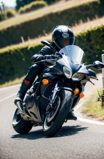 best quality, detailed, beautiful, insanely detailed, absurdres,perfect anatomy,
Japanese woman,black hair,27 years old,
(slender),
(small breasts),
A woman attacking a corner on a motorcycle
