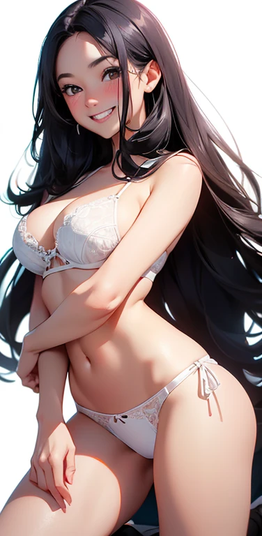 (8K、highest quality、masterpiece:1.2)、Super detailed、super resolution、Realistic、(1girl)  、(black hair)、long hair,straight hair,black eyes、forehead,kneeling,(face focus,cowboy shot),(white bra white panties only)、(grin:1.3),open mouth、cute face,blush、large breasts,(simple background),