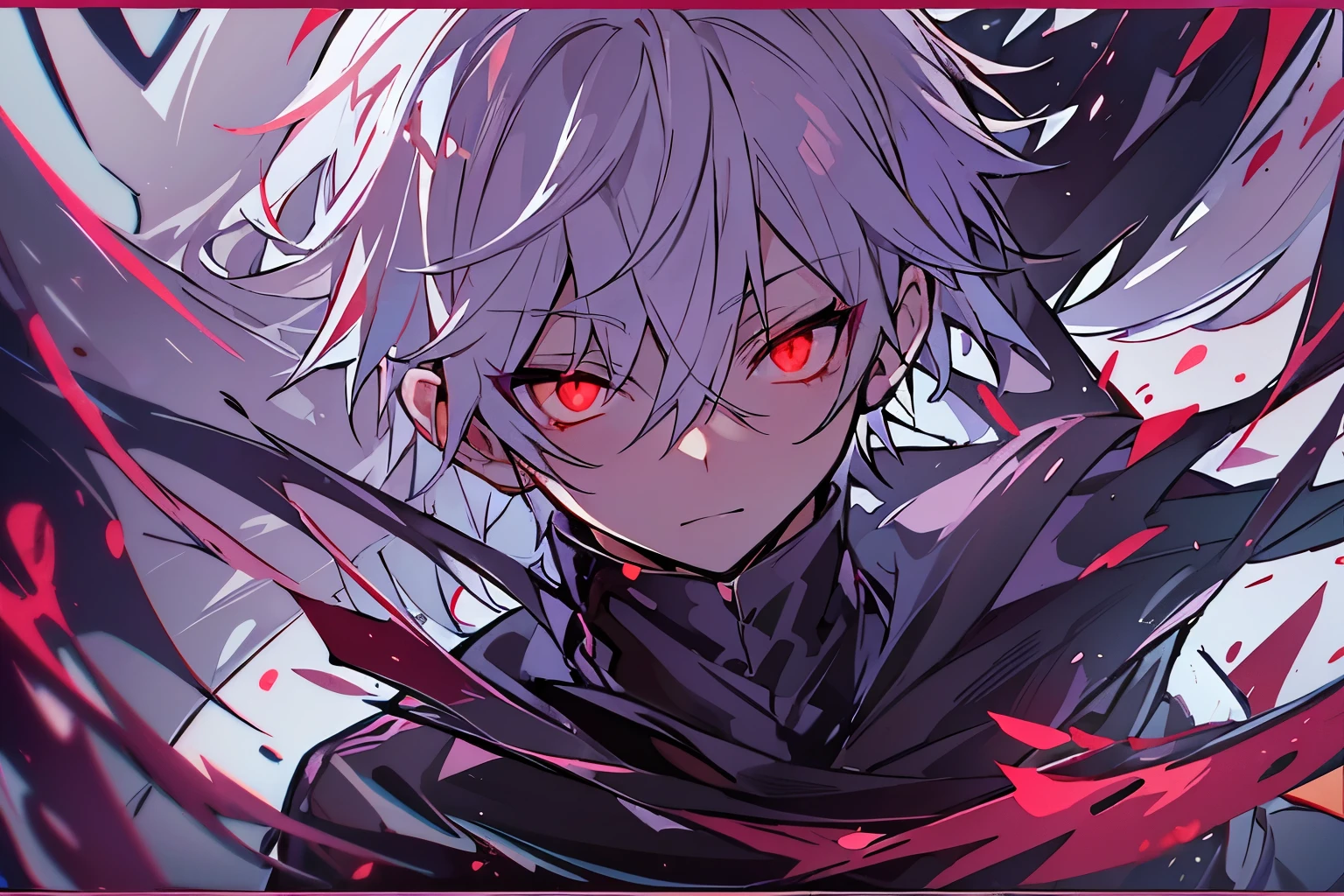 hight resolution,close range、Anime boy with white hair and red eyes staring at camera, Glowing red eyes,slim, dressed in a black outfit,Shadow Body,colorful backdrop,hair messy,yameroyandere, Diagonal angle